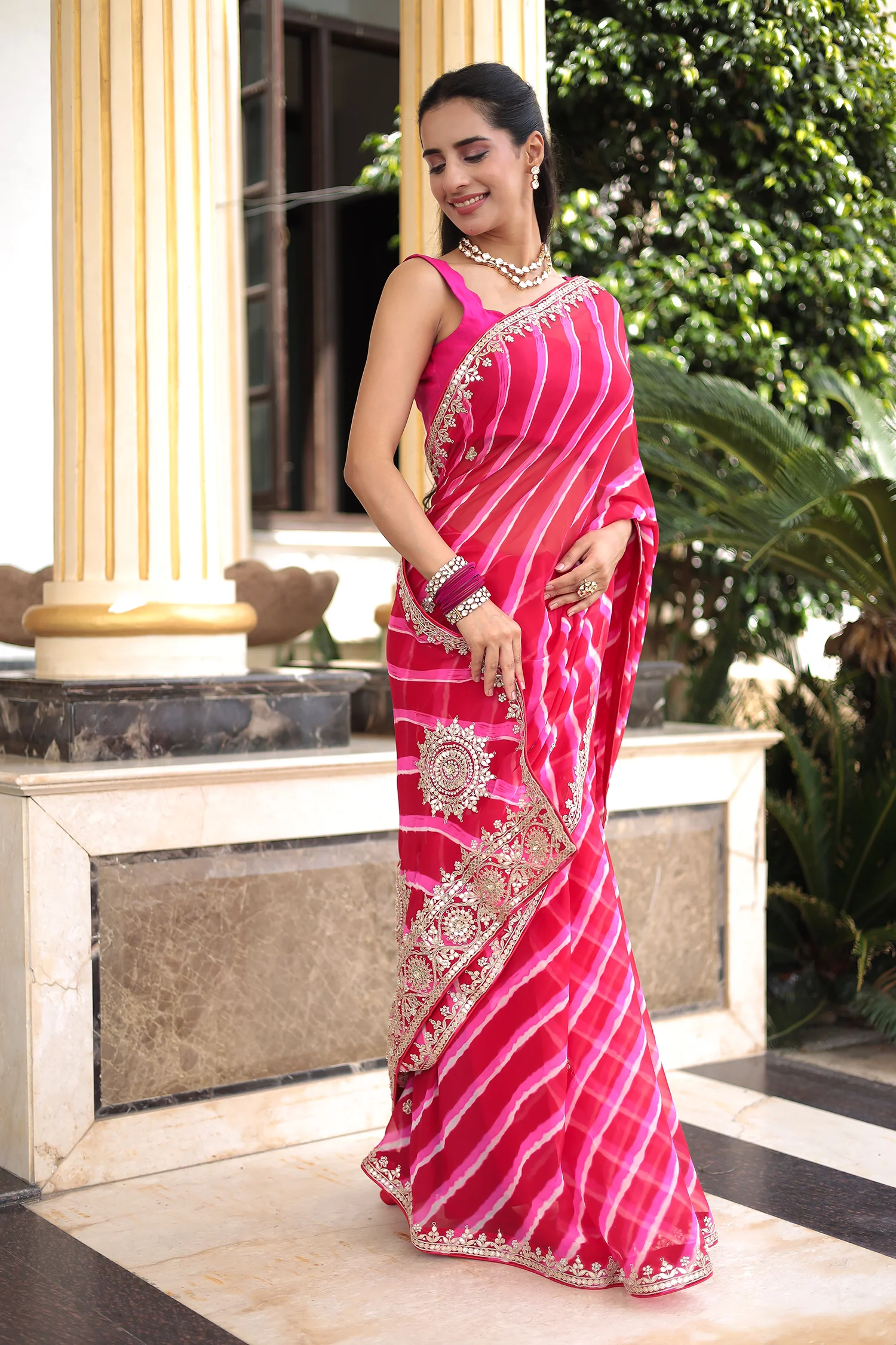 Leheriya Georgette Saree with Gota Patti, Pearl and Zardozi work - Image 3