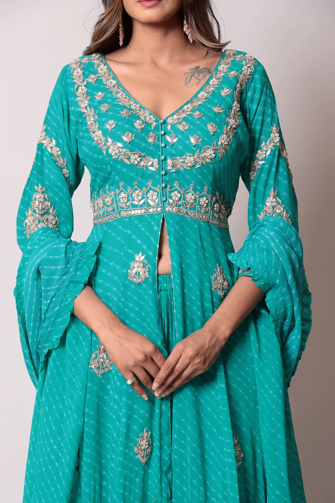 Leheriya Georgette Straight Cut Suit with Gota Patti and Mothra work. - Image 2