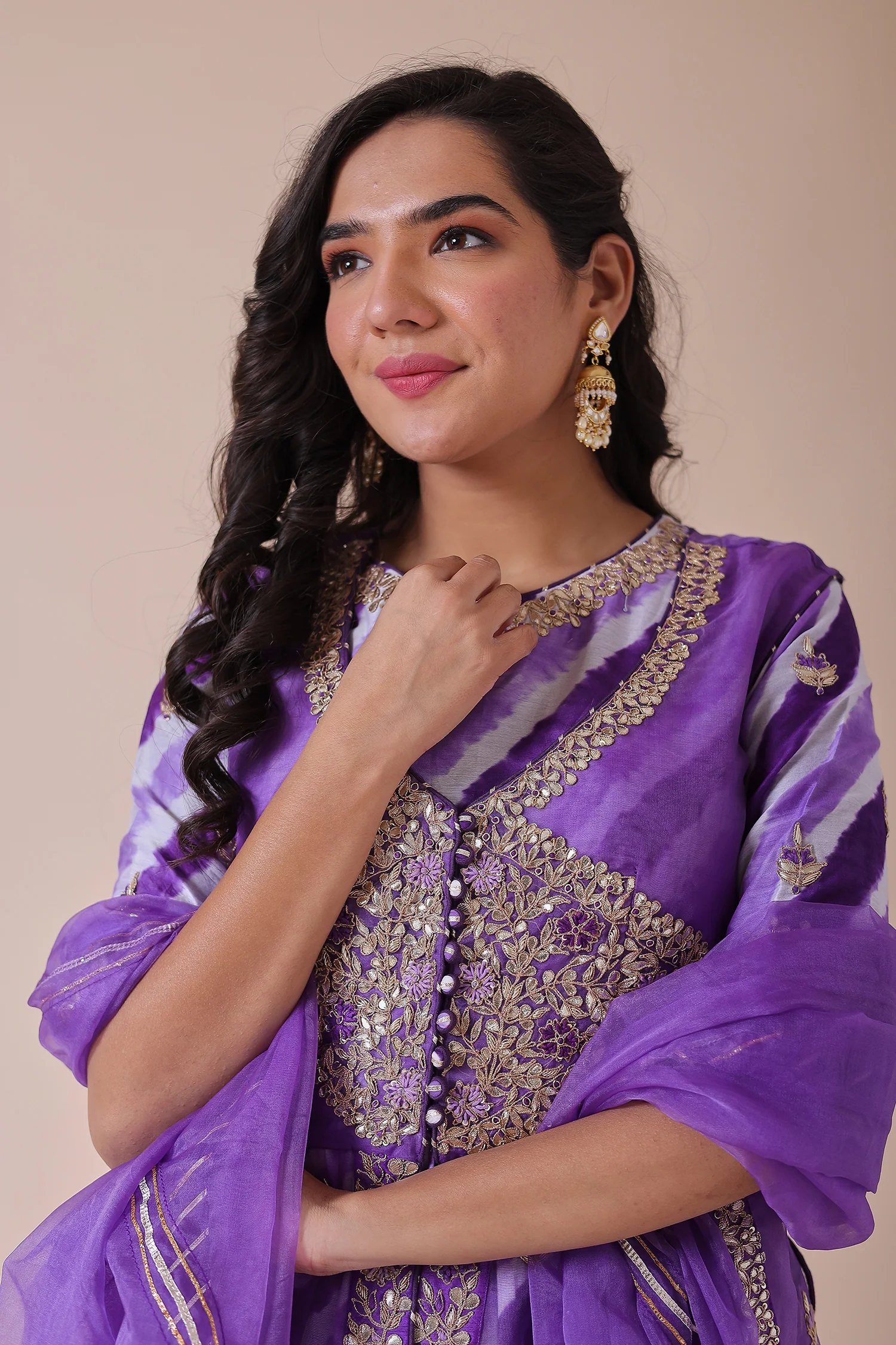 Peplum Leheriya Organza Suit Embroidered with Gota Patti work - Image 10