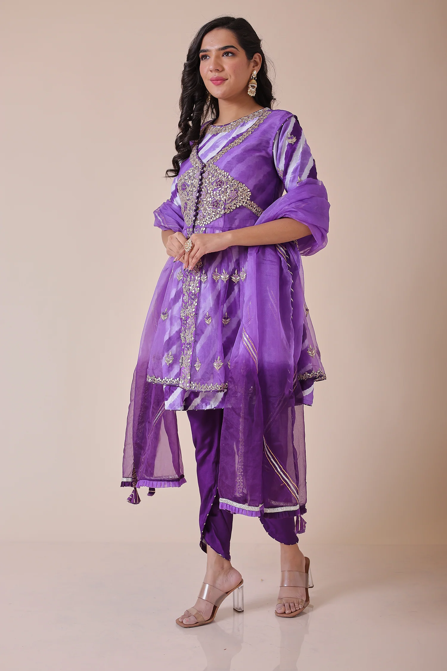 Peplum Leheriya Organza Suit Embroidered with Gota Patti work - Image 13
