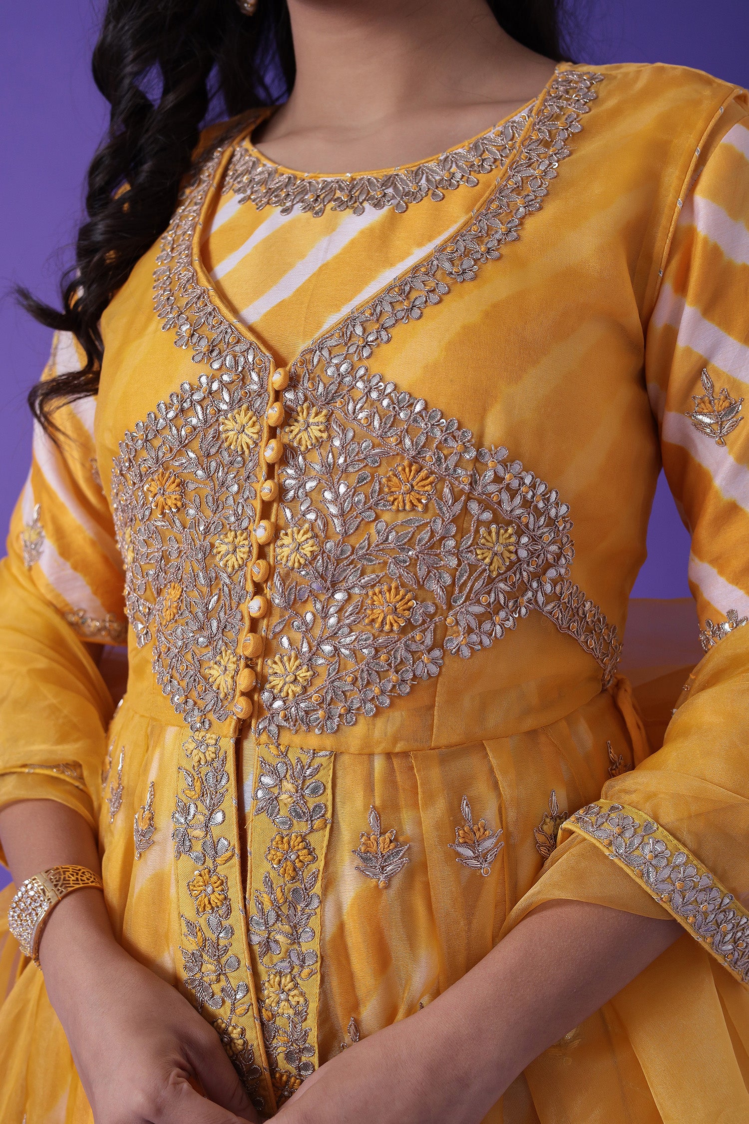 Peplum Leheriya Organza Suit Embroidered with Gota Patti work - Image 10