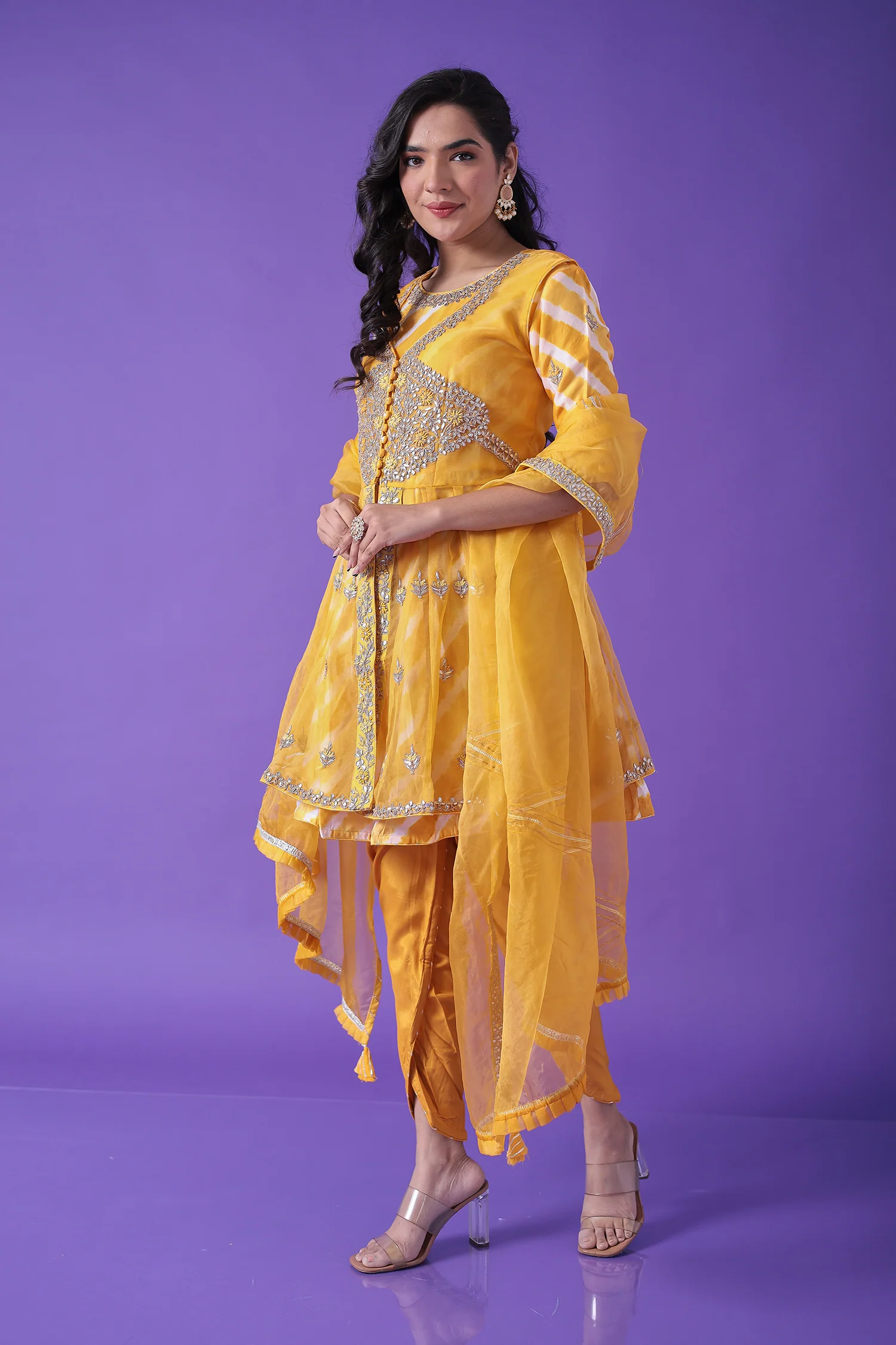 Peplum Leheriya Organza Suit Embroidered with Gota Patti work - Image 11