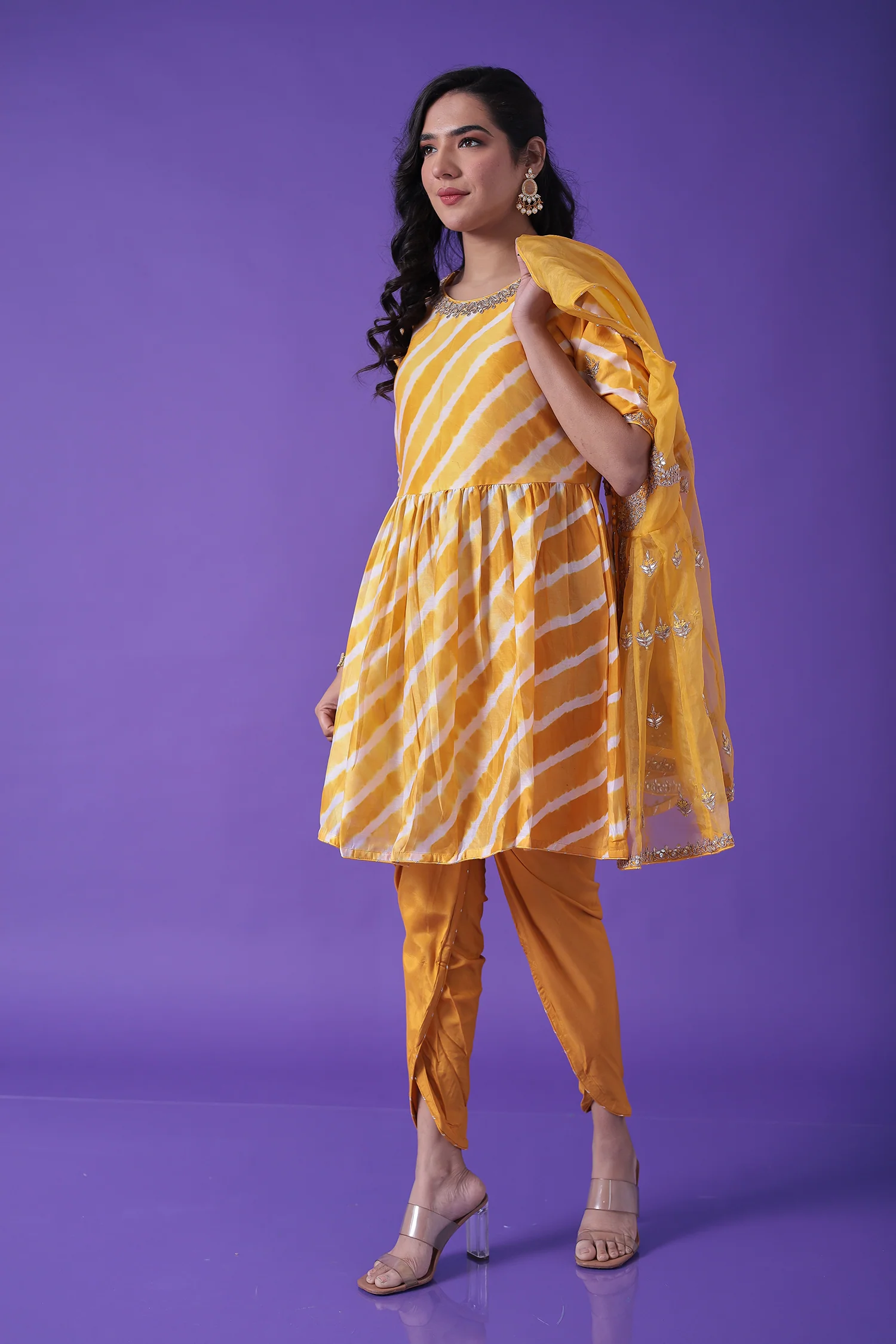 Peplum Leheriya Organza Suit Embroidered with Gota Patti work - Image 13
