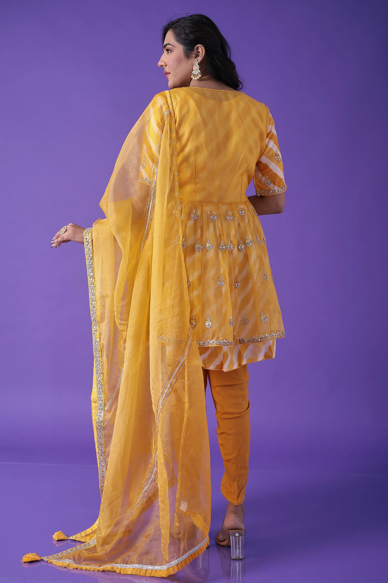 Peplum Leheriya Organza Suit Embroidered with Gota Patti work - Image 14