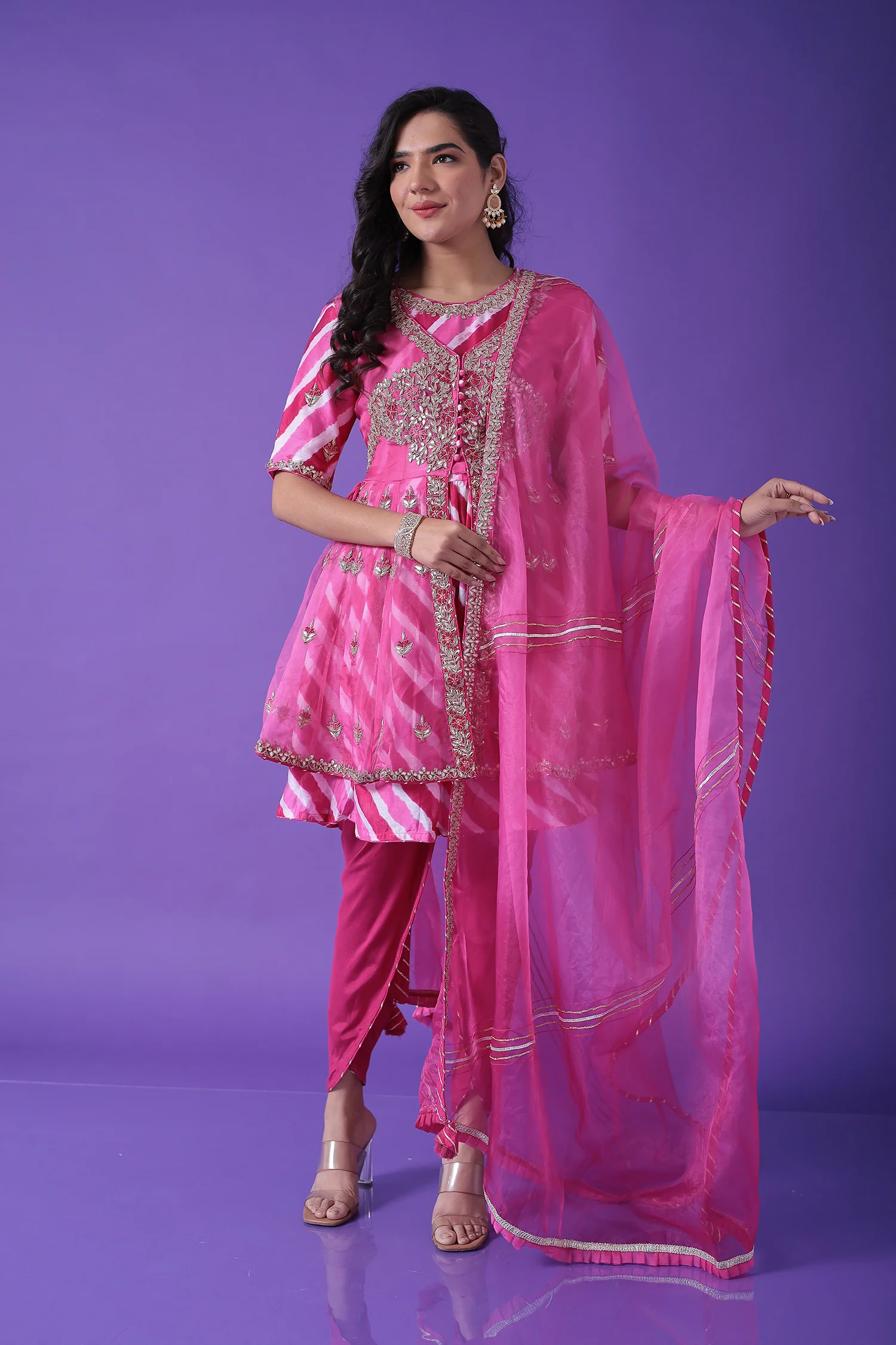 Peplum Leheriya Organza Suit Embroidered with Gota Patti work - Image 15