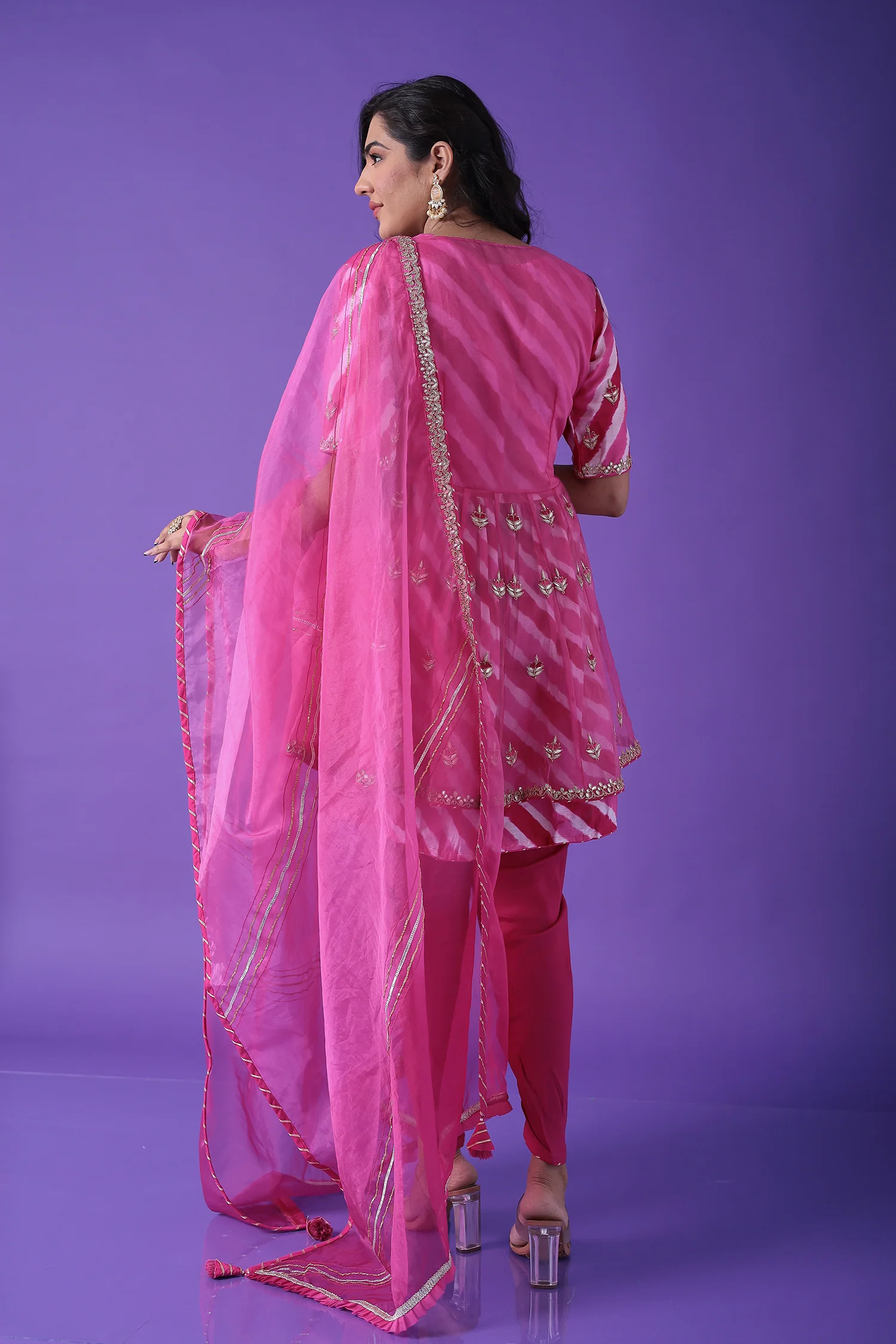Peplum Leheriya Organza Suit Embroidered with Gota Patti work - Image 22