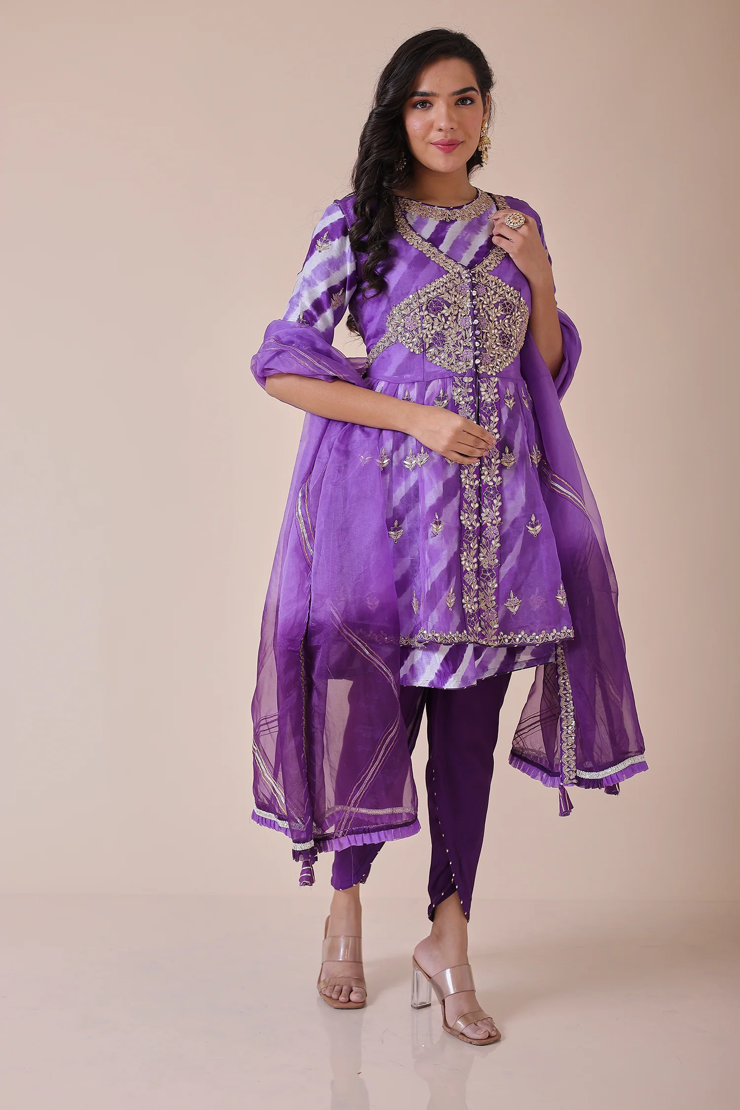 Peplum Leheriya Organza Suit Embroidered with Gota Patti work - Image 19