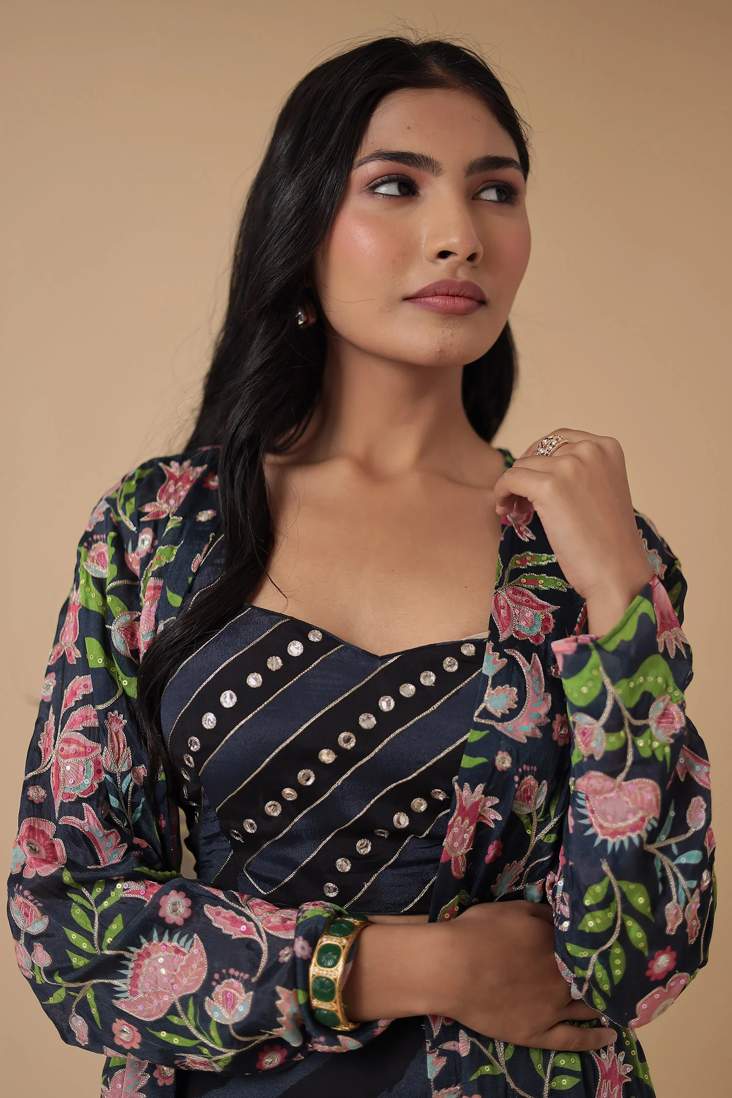 Leheriya Printed Chinon Indowestern with Aari work - Image 2