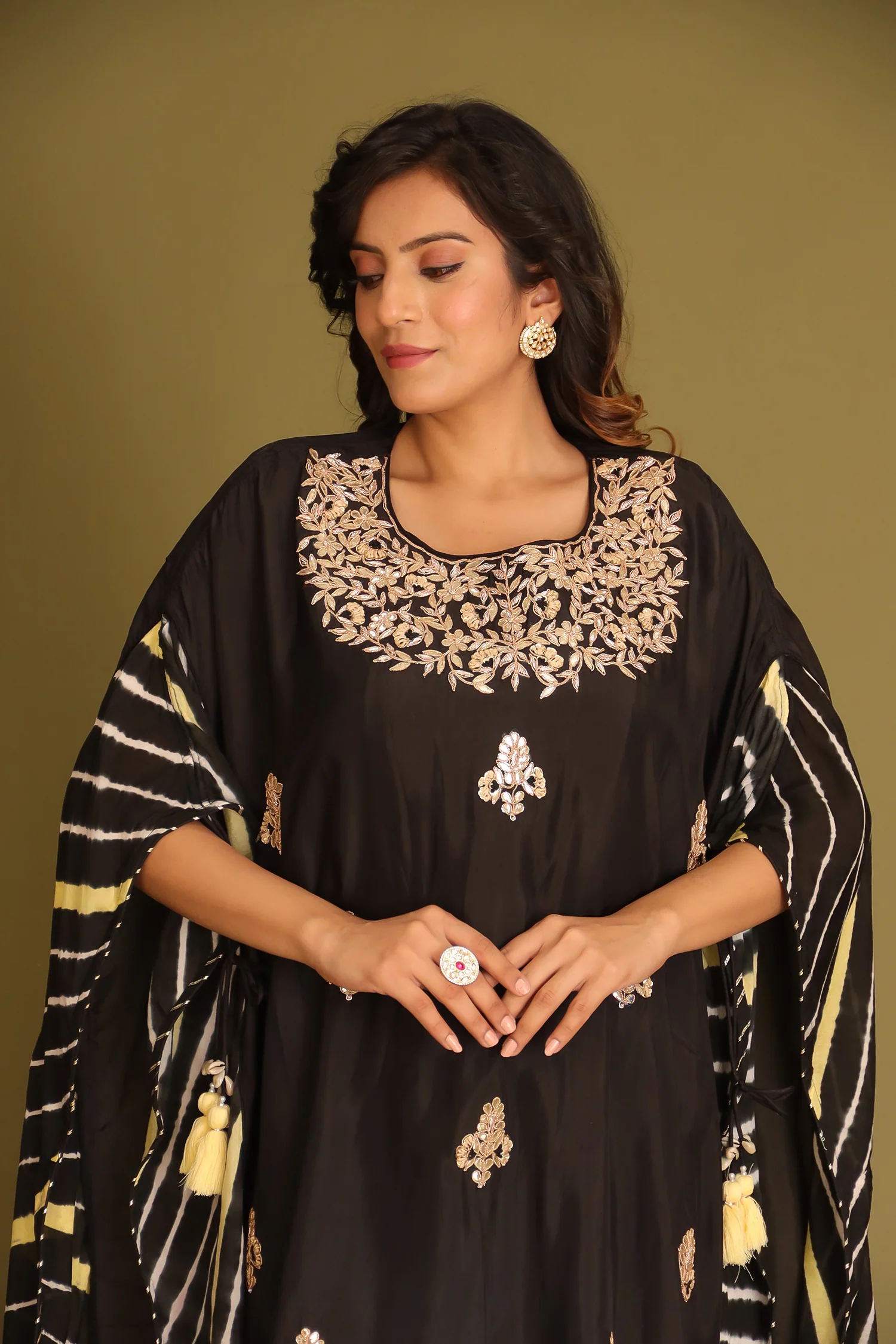Embroidered Leheriya Silk Kaftan with Gota Patti work. - Image 14