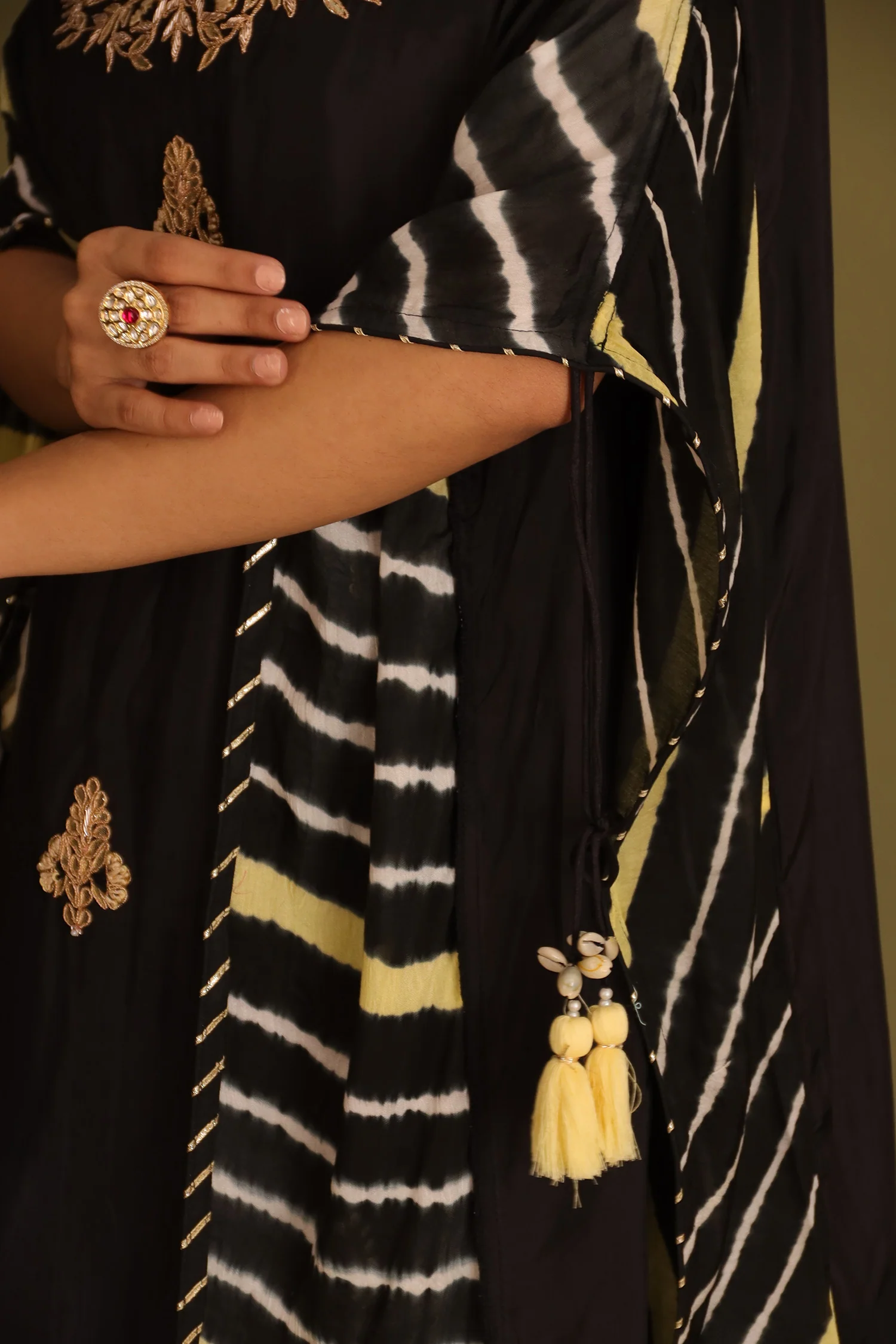Embroidered Leheriya Silk Kaftan with Gota Patti work. - Image 16