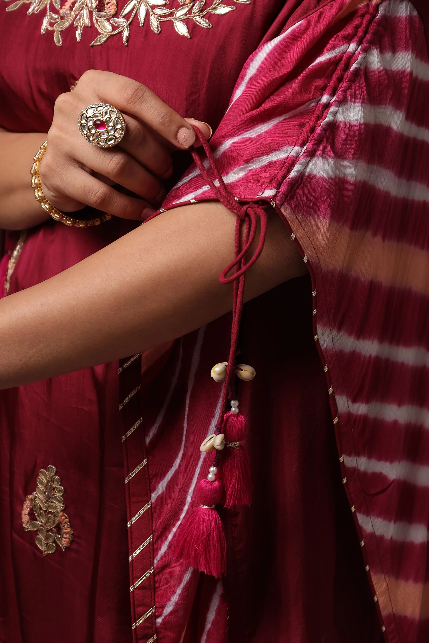 Embroidered Leheriya Silk Kaftan with Gota Patti work. - Image 3