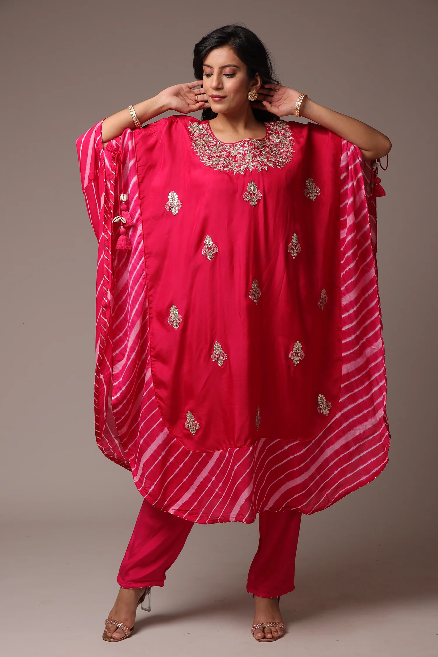 Embroidered Leheriya Silk Kaftan with Gota Patti work. - Image 7