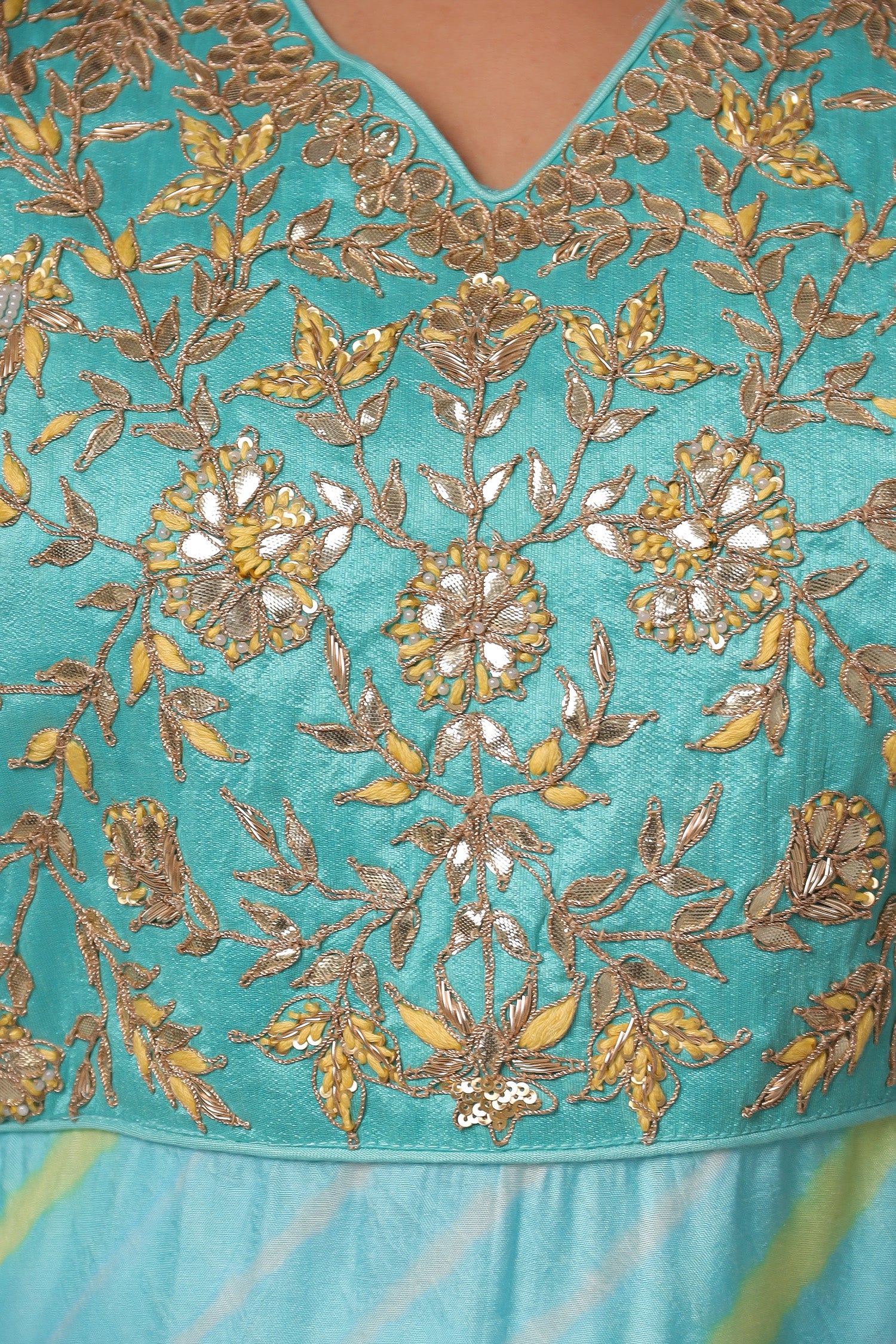 Embroidered Leheriya Silk Kaftan with Gota Patti work. - Image 11