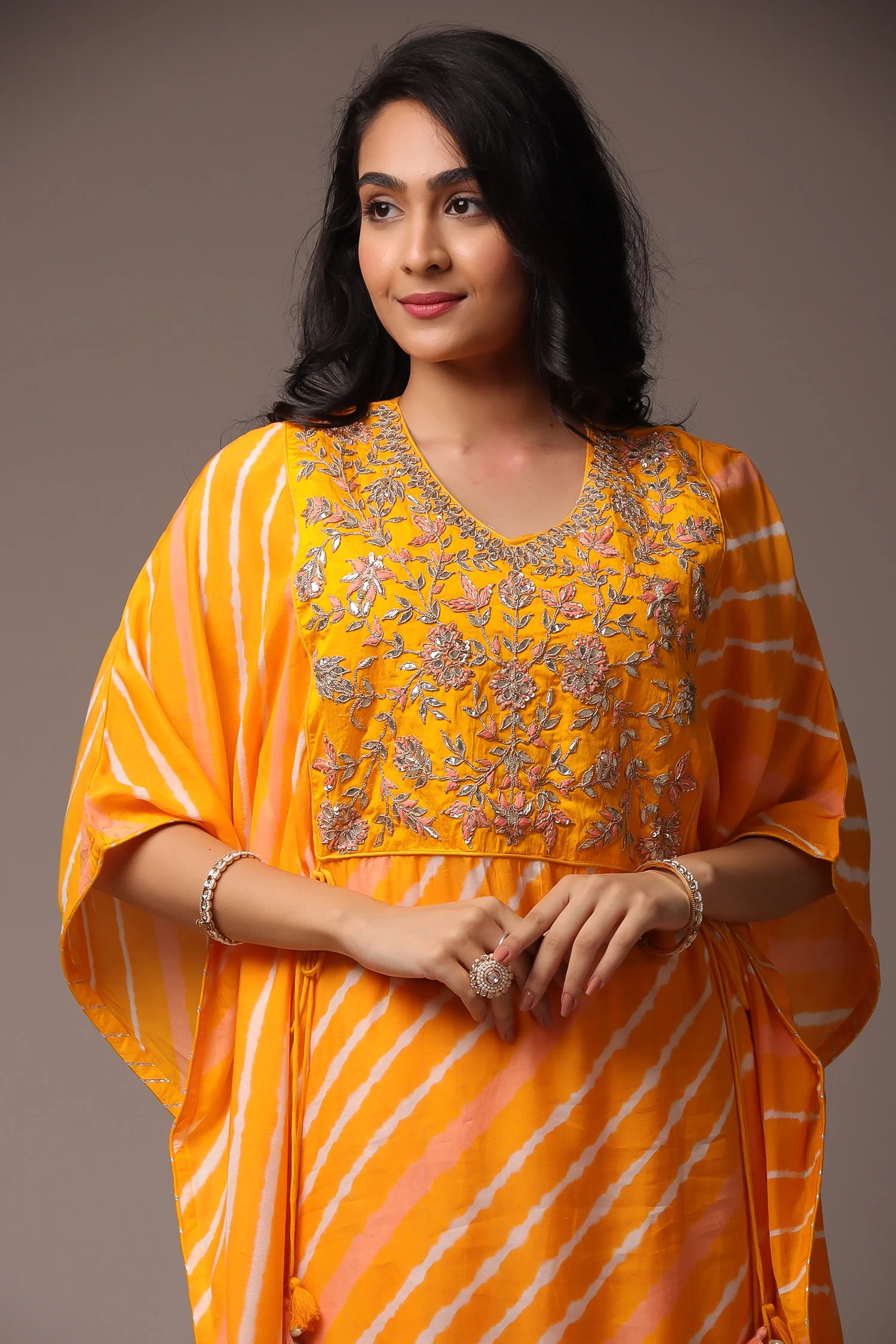 Embroidered Leheriya Silk Kaftan with Gota Patti work. - Image 16
