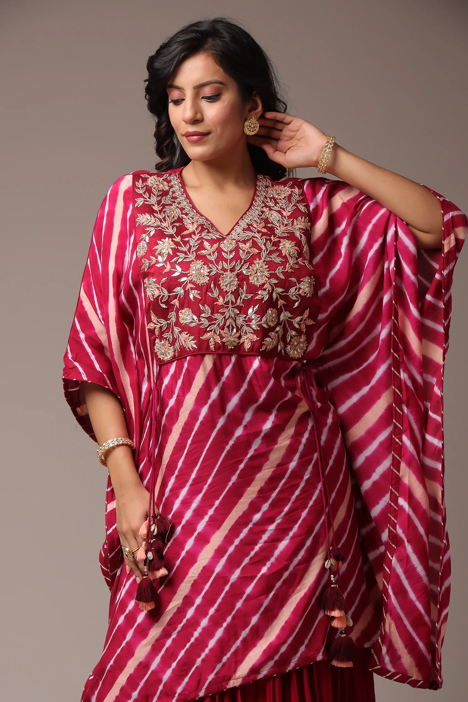 Embroidered Leheriya Silk Kaftan with Gota Patti work. - Image 2