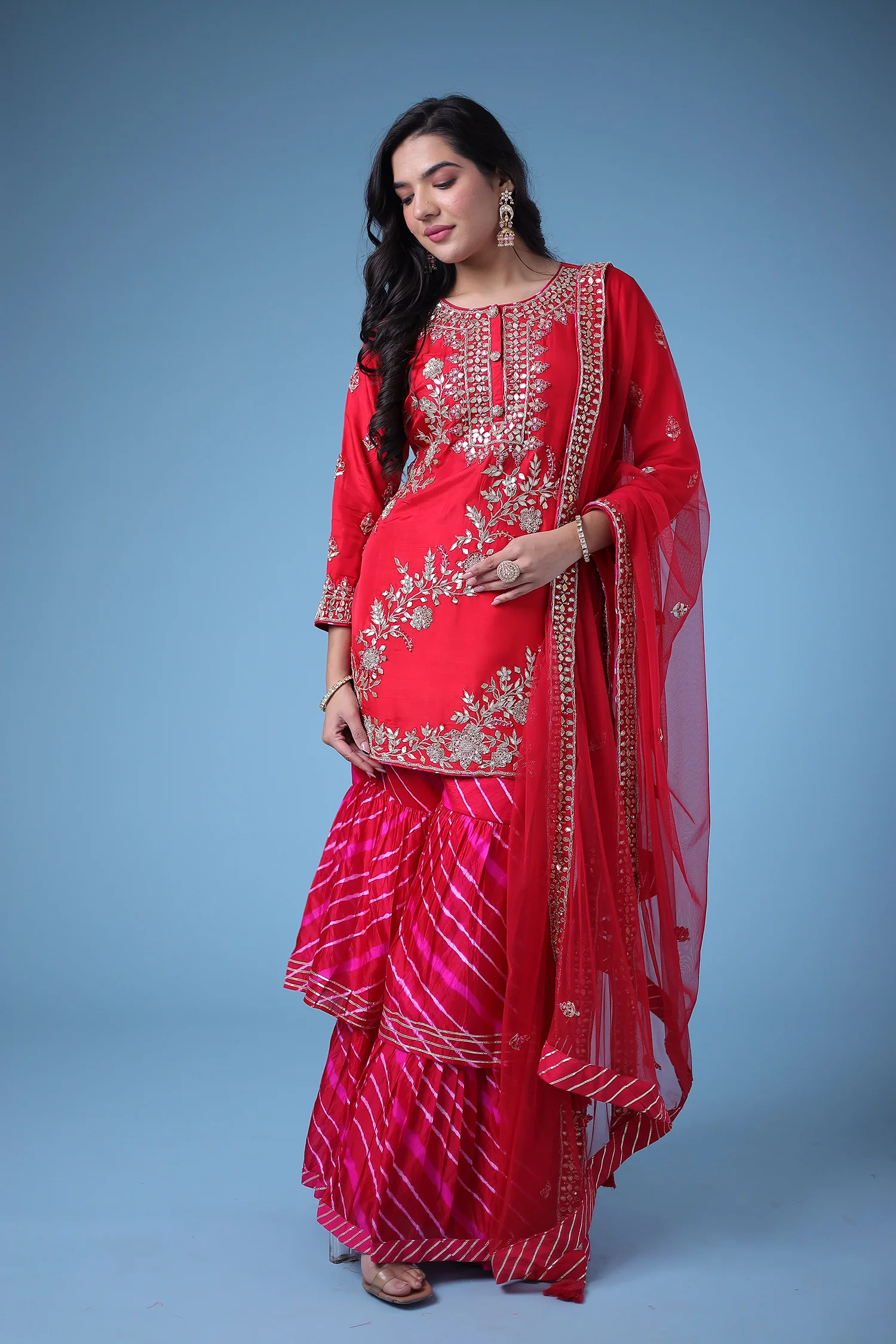 Embroidered Leheriya Silk Suit with Gota Patti and Zardozi work. - Image 6