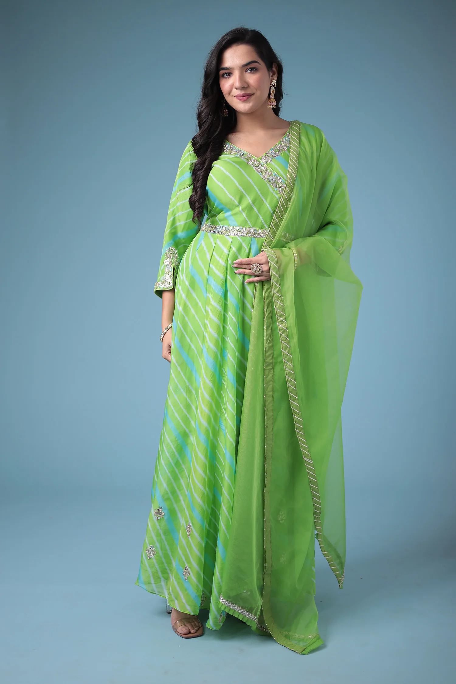 Embroidered Leheriya Anarkali Silk Suit with Gota Patti and Zardozi work