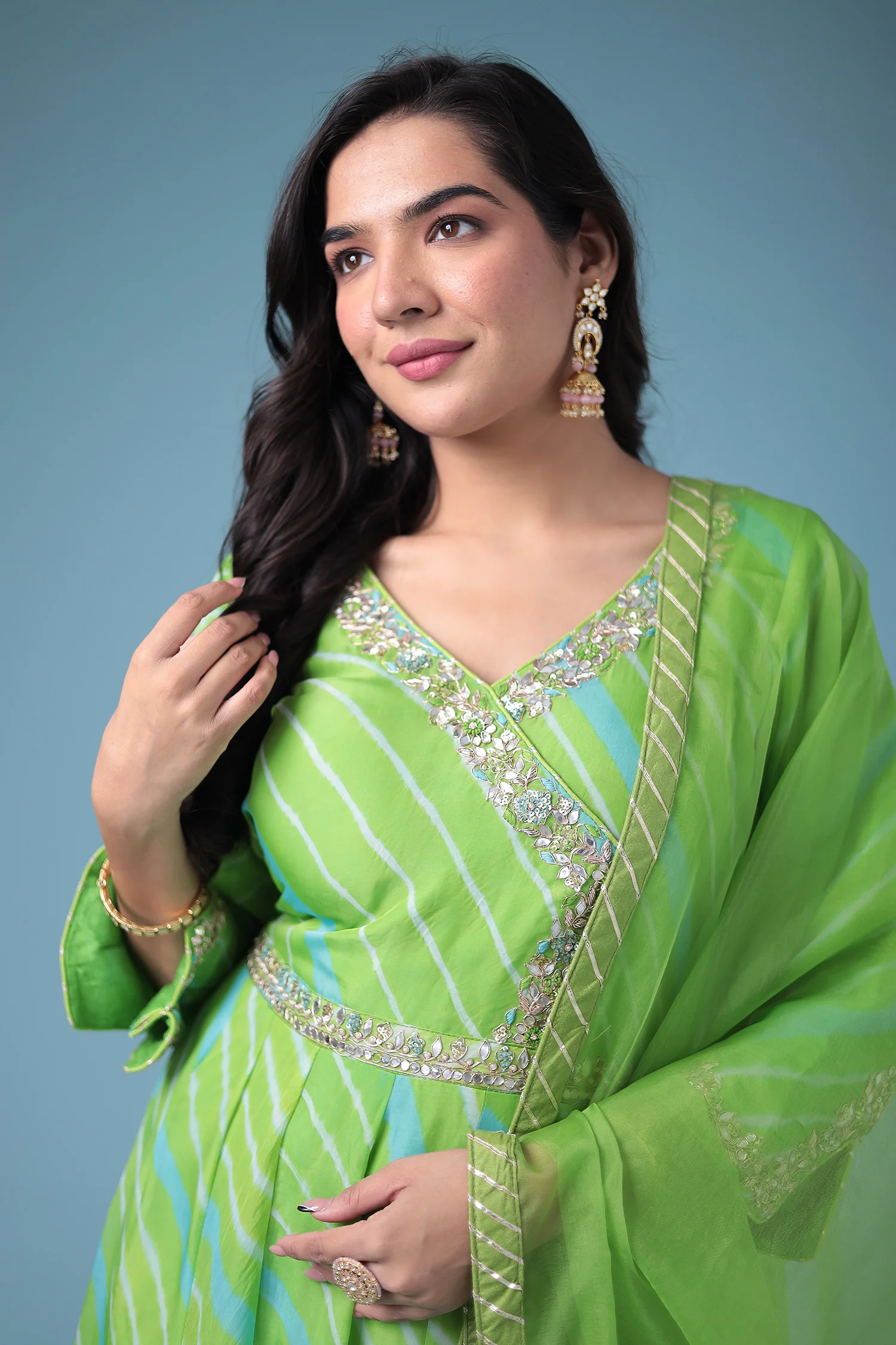 Embroidered Leheriya Anarkali Silk Suit with Gota Patti and Zardozi work - Image 2