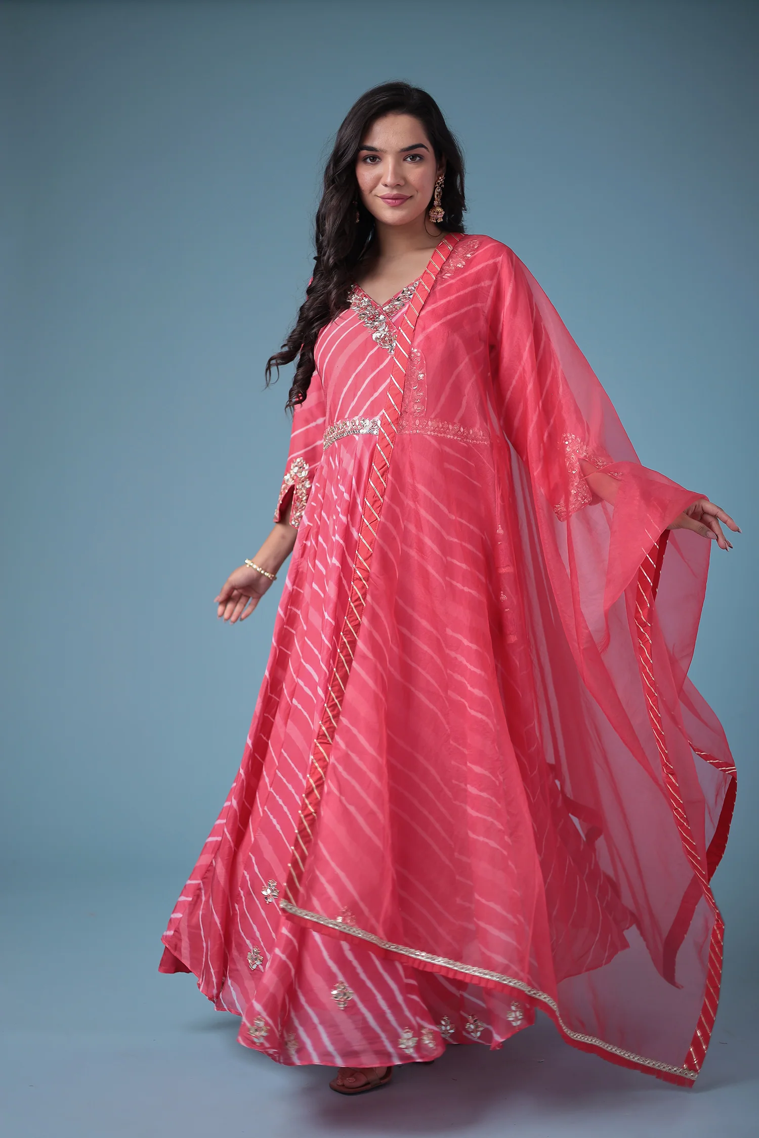 Embroidered Leheriya Anarkali Silk Suit with Gota Patti and Zardozi work - Image 6