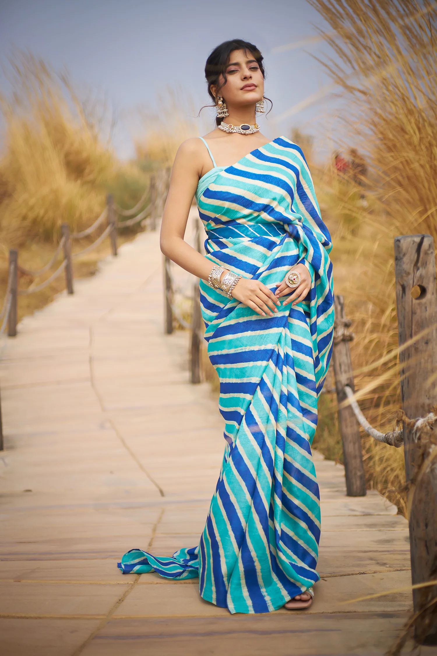 Tussar Silk Saree in Leheriya Print - Image 3