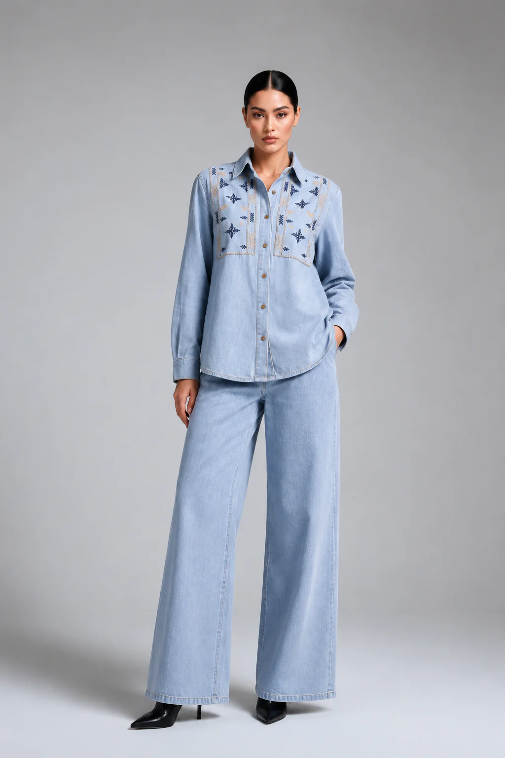Light Blue Denim Embroidered Co-Ord Set with Denim Shirt & Wide-Leg Pant