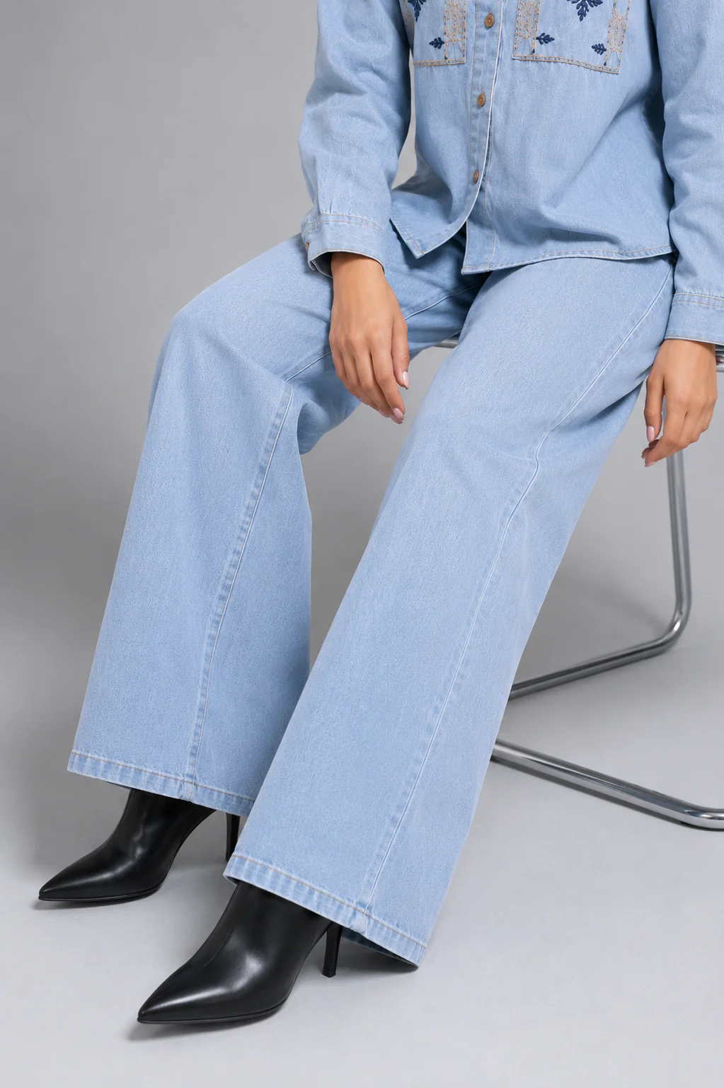 Light Blue Denim Embroidered Co-Ord Set with Denim Shirt & Wide-Leg Pant - Image 3