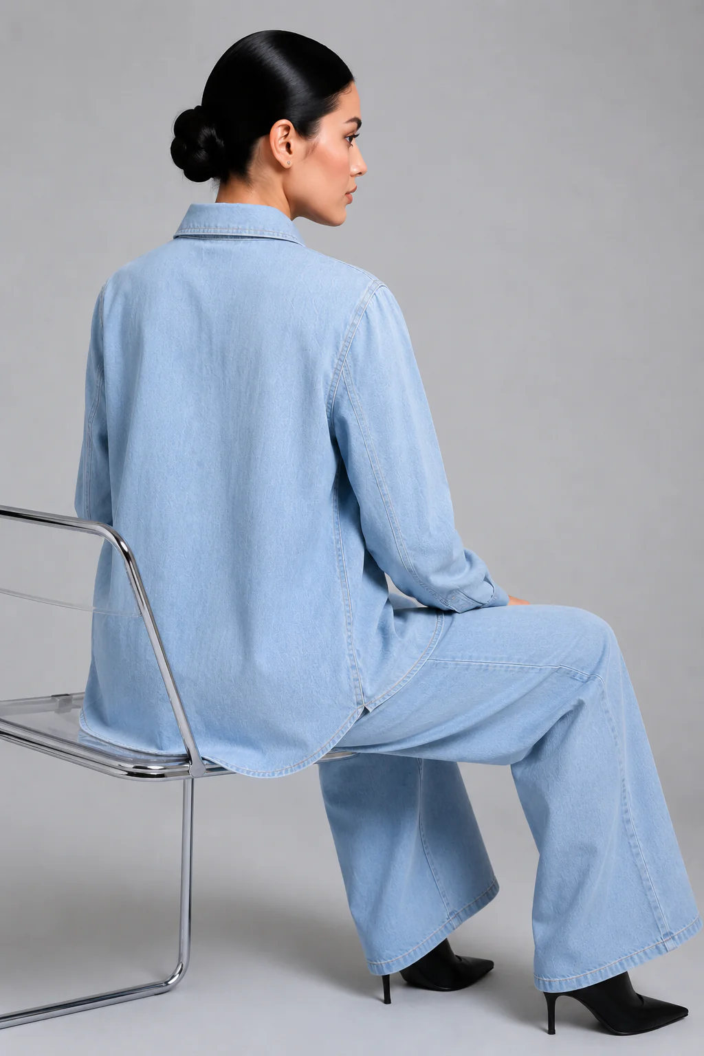 Light Blue Denim Embroidered Co-Ord Set with Denim Shirt & Wide-Leg Pant - Image 5
