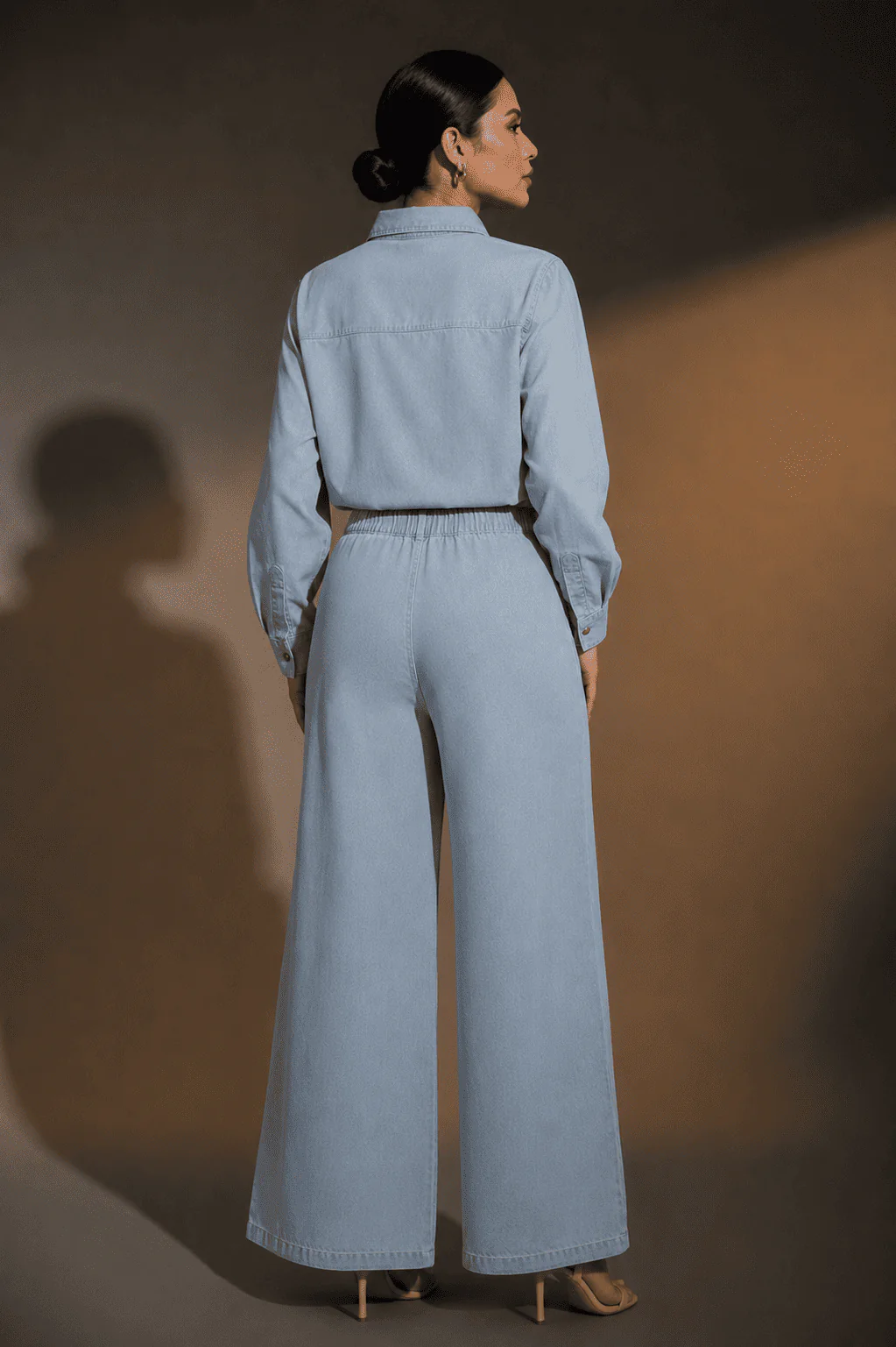 Light Blue Embroidered Denim Shirt & Wide-Leg Pant Co-Ord Set - Image 5