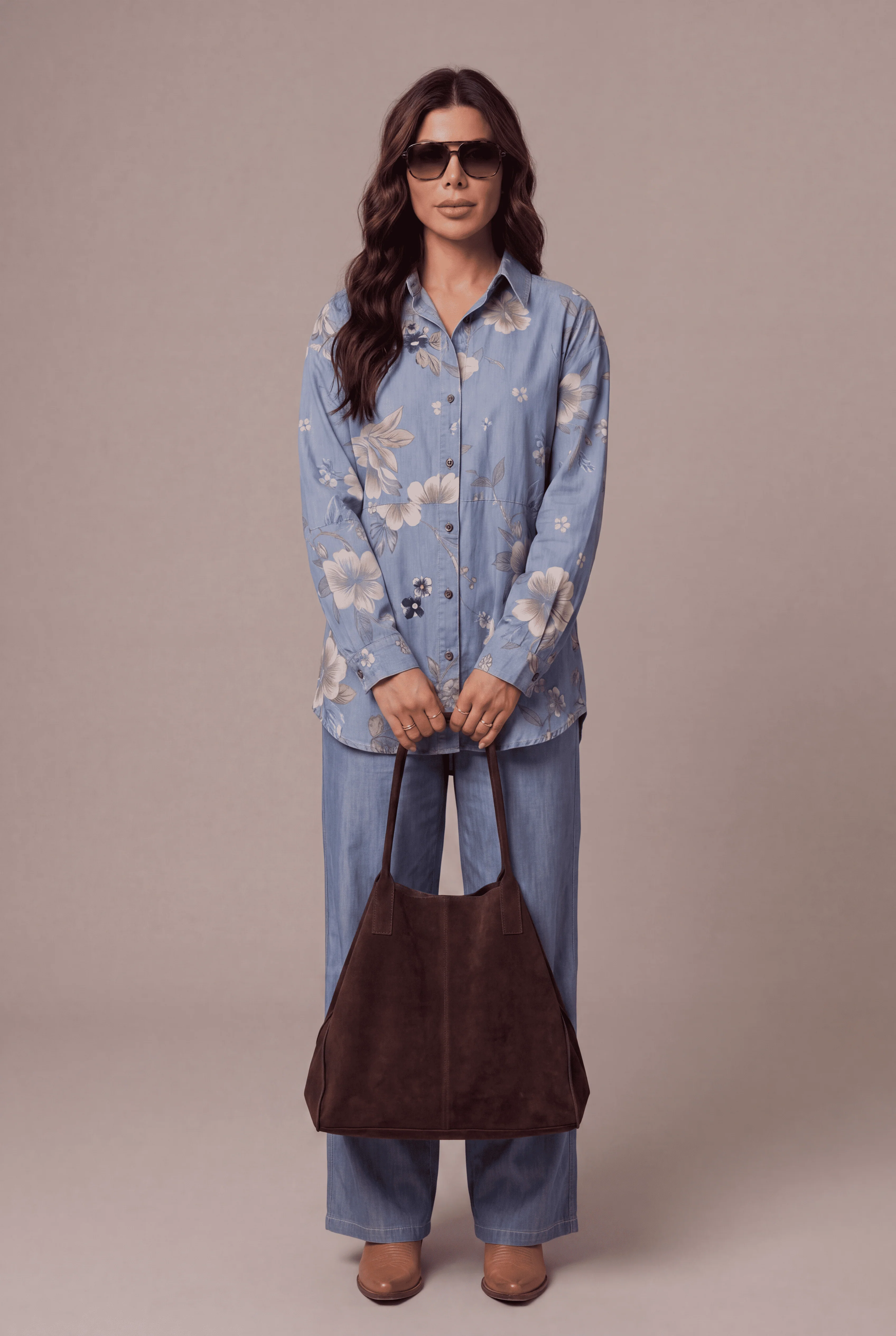 Light Blue Floral Printed Denim Shirt & Straight-Fit Pant Co-Ord Set