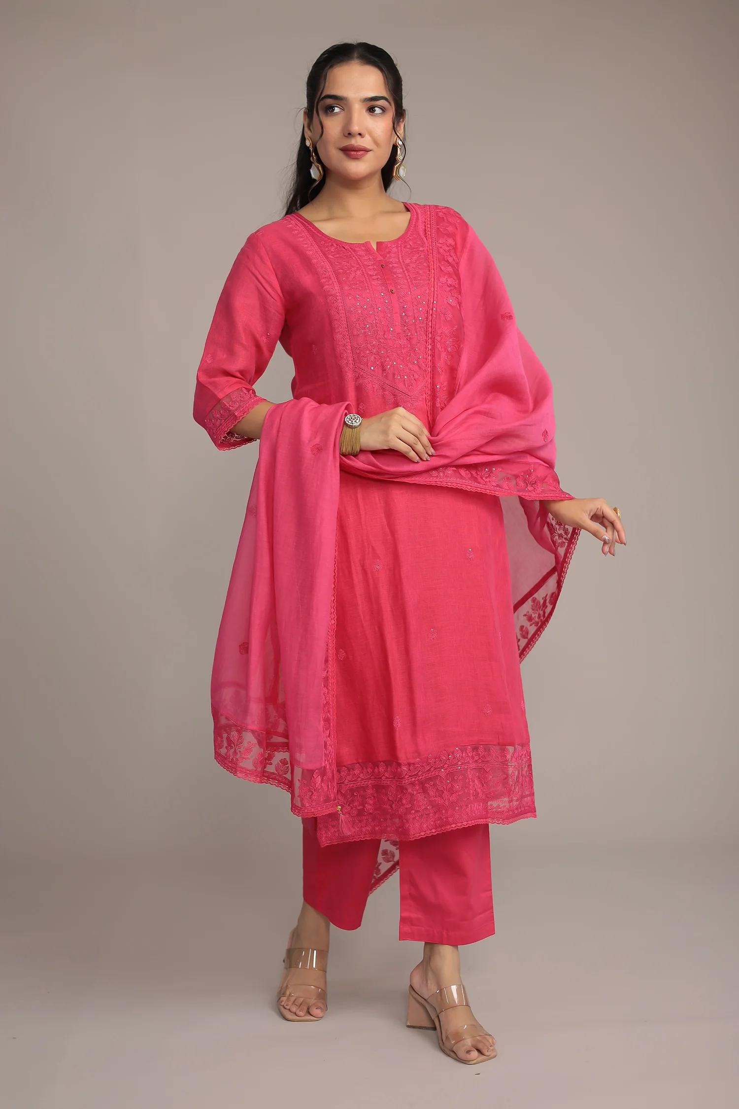 Embroidered Linen Kurta Set Stitched with Sequins work - Image 4
