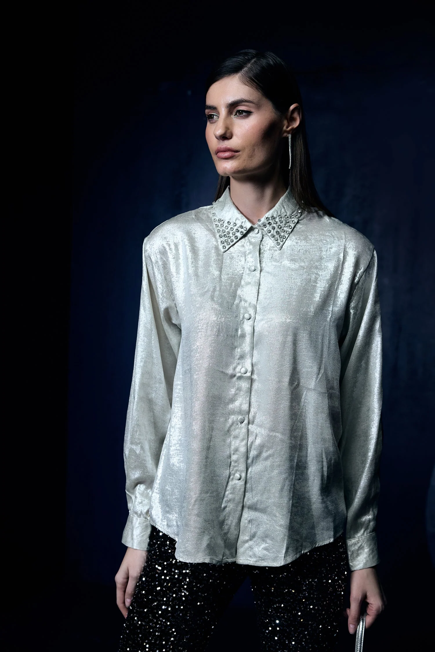 Metallic Silver Shimmer Shirt With Swarovski Studded Collar