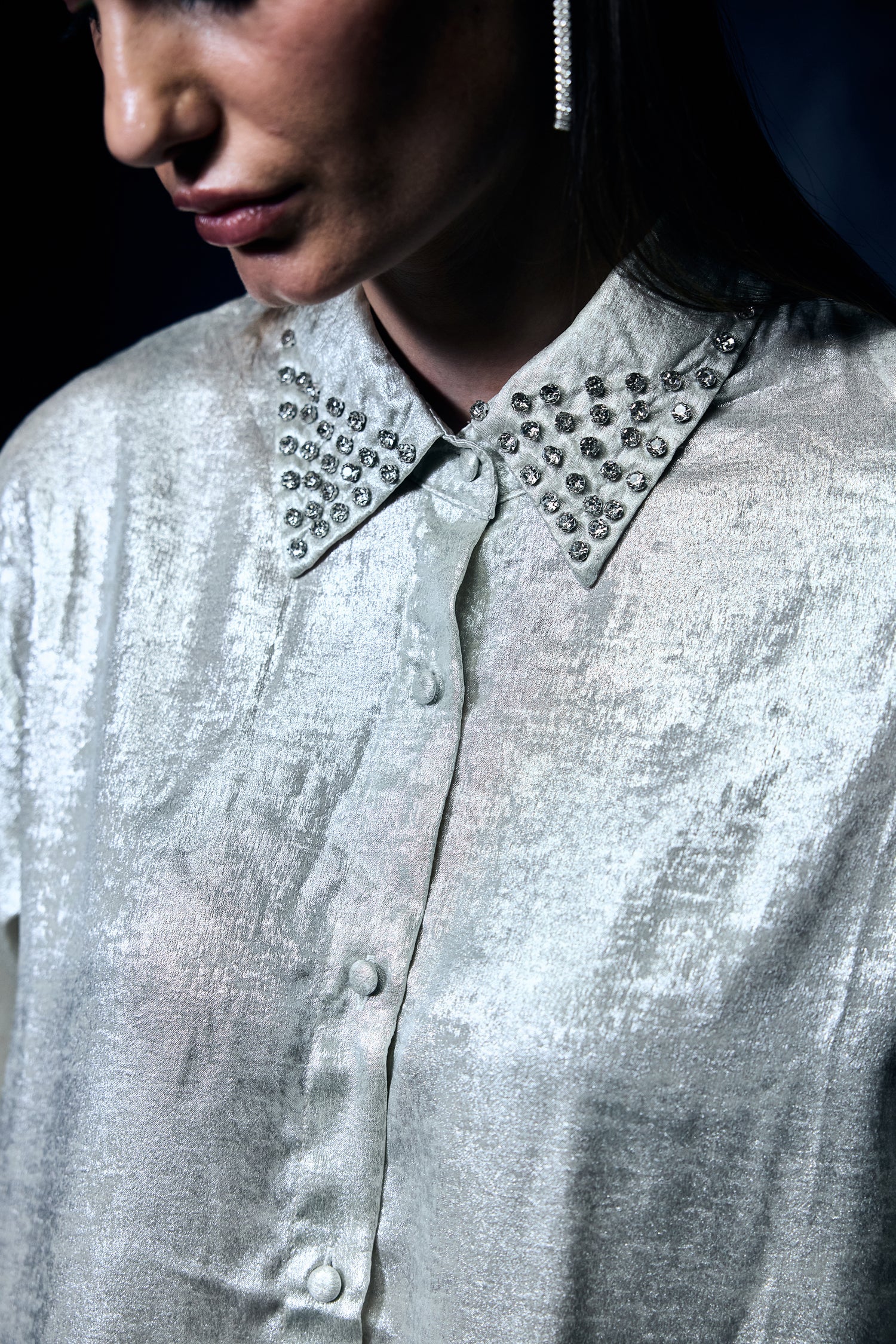 Metallic Silver Shimmer Shirt With Swarovski Studded Collar - Image 5