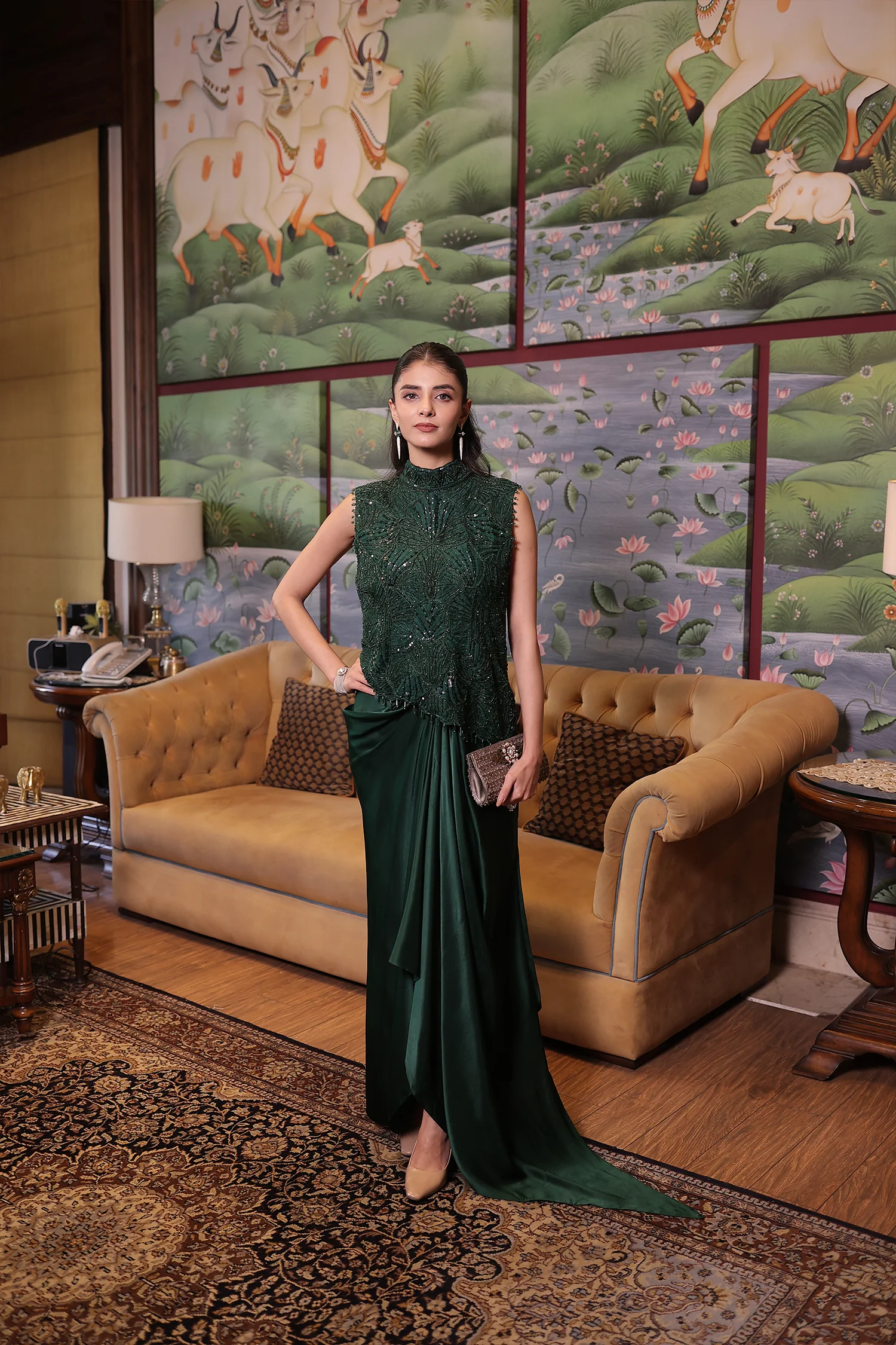 Dark Green Net Indowestern with Cutdana and Sequins work - Image 3