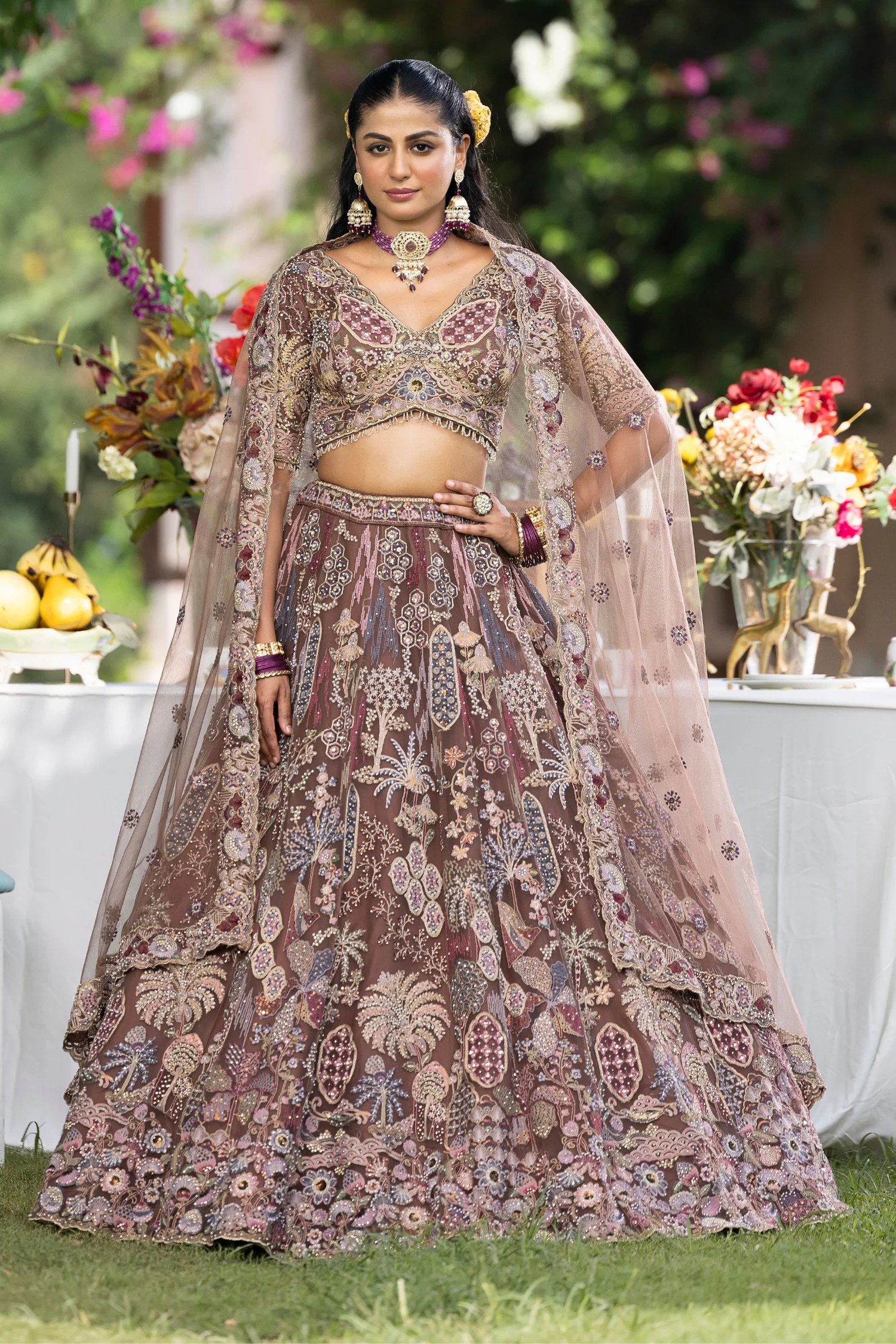 Net Lehenga with Cutdana, Sequins, Stone, Thread, Zari work