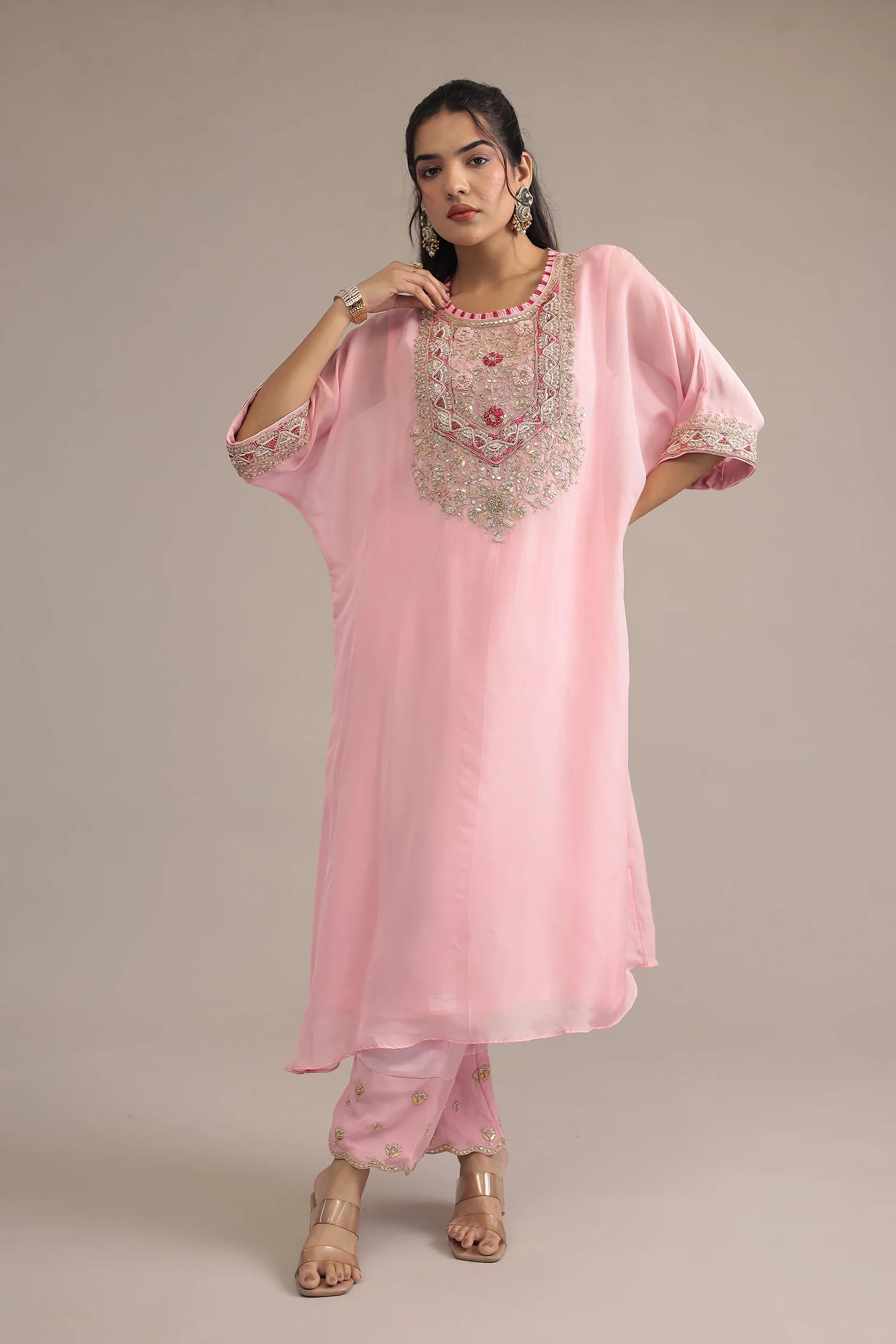 Light Pink Organza Kaftan with Dori, Gota Patti, Thread and Zardozi work