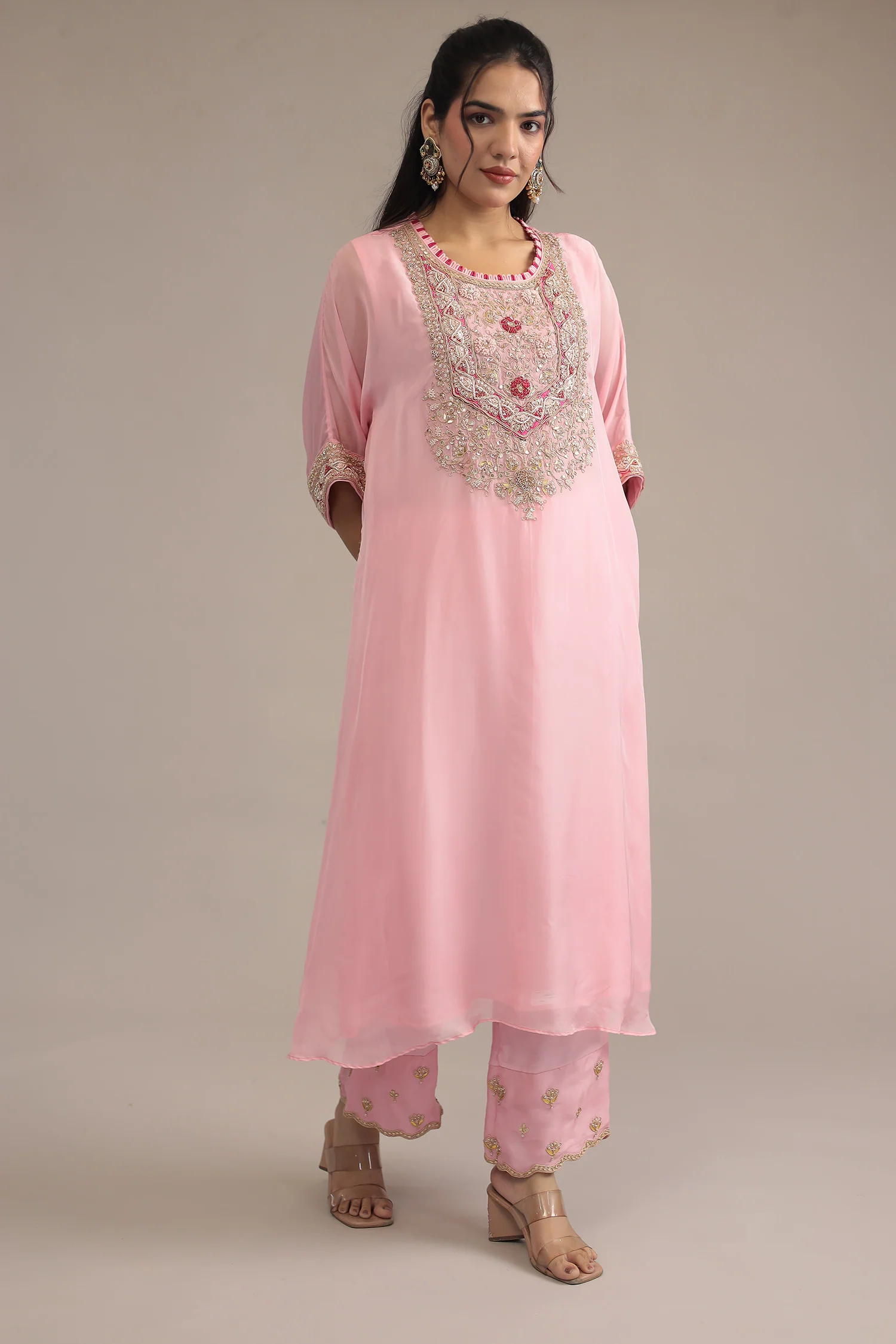 Light Pink Organza Kaftan with Dori, Gota Patti, Thread and Zardozi work - Image 3