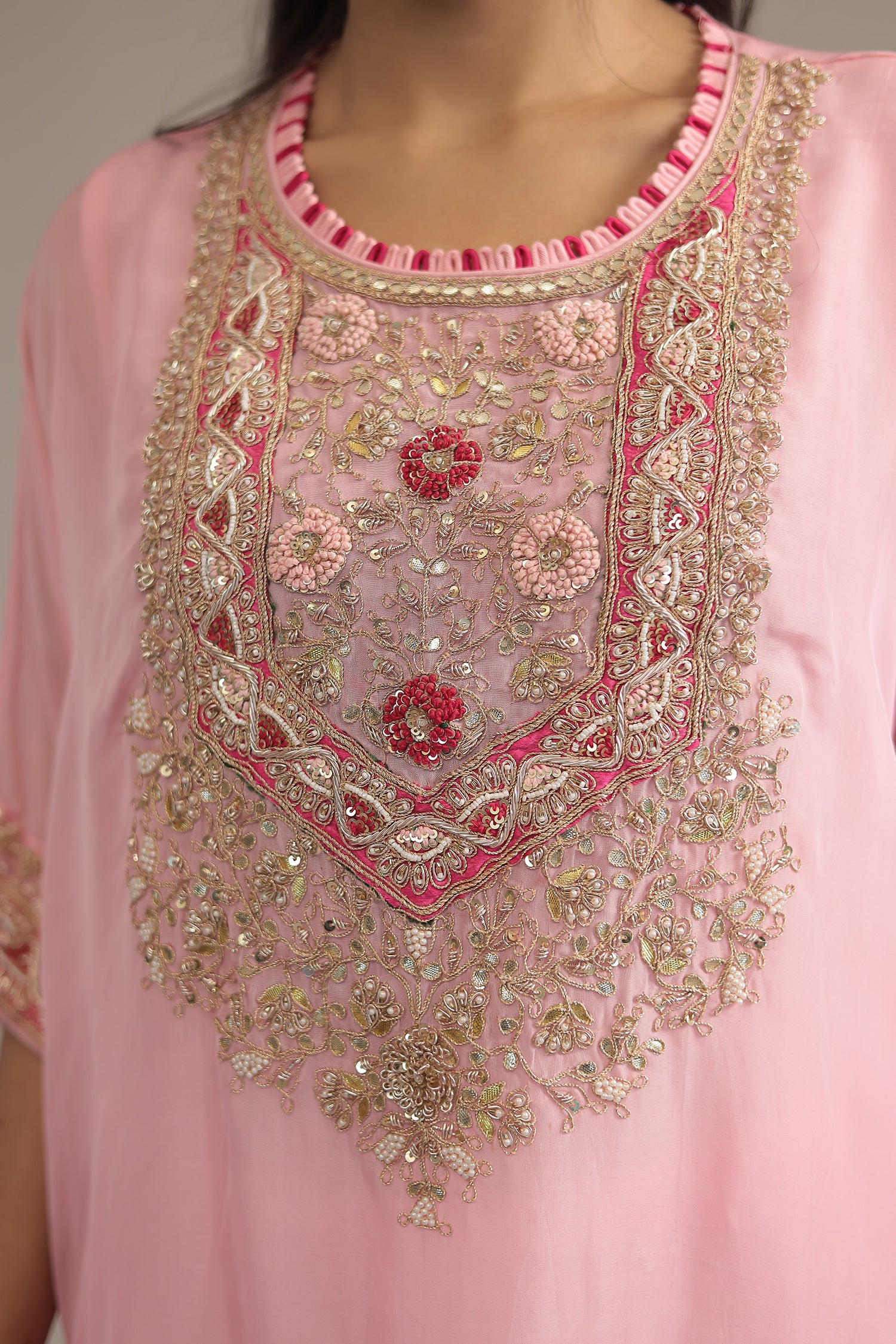 Light Pink Organza Kaftan with Dori, Gota Patti, Thread and Zardozi work - Image 4