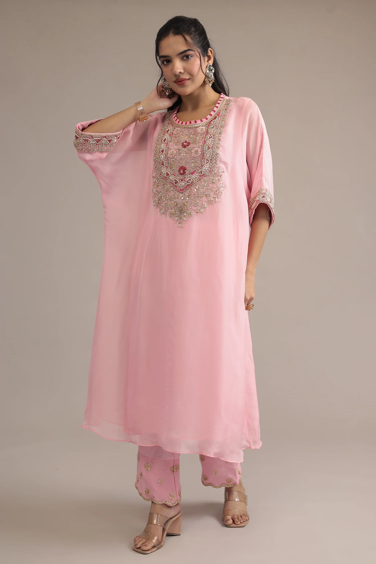 Light Pink Organza Kaftan with Dori, Gota Patti, Thread and Zardozi work - Image 5