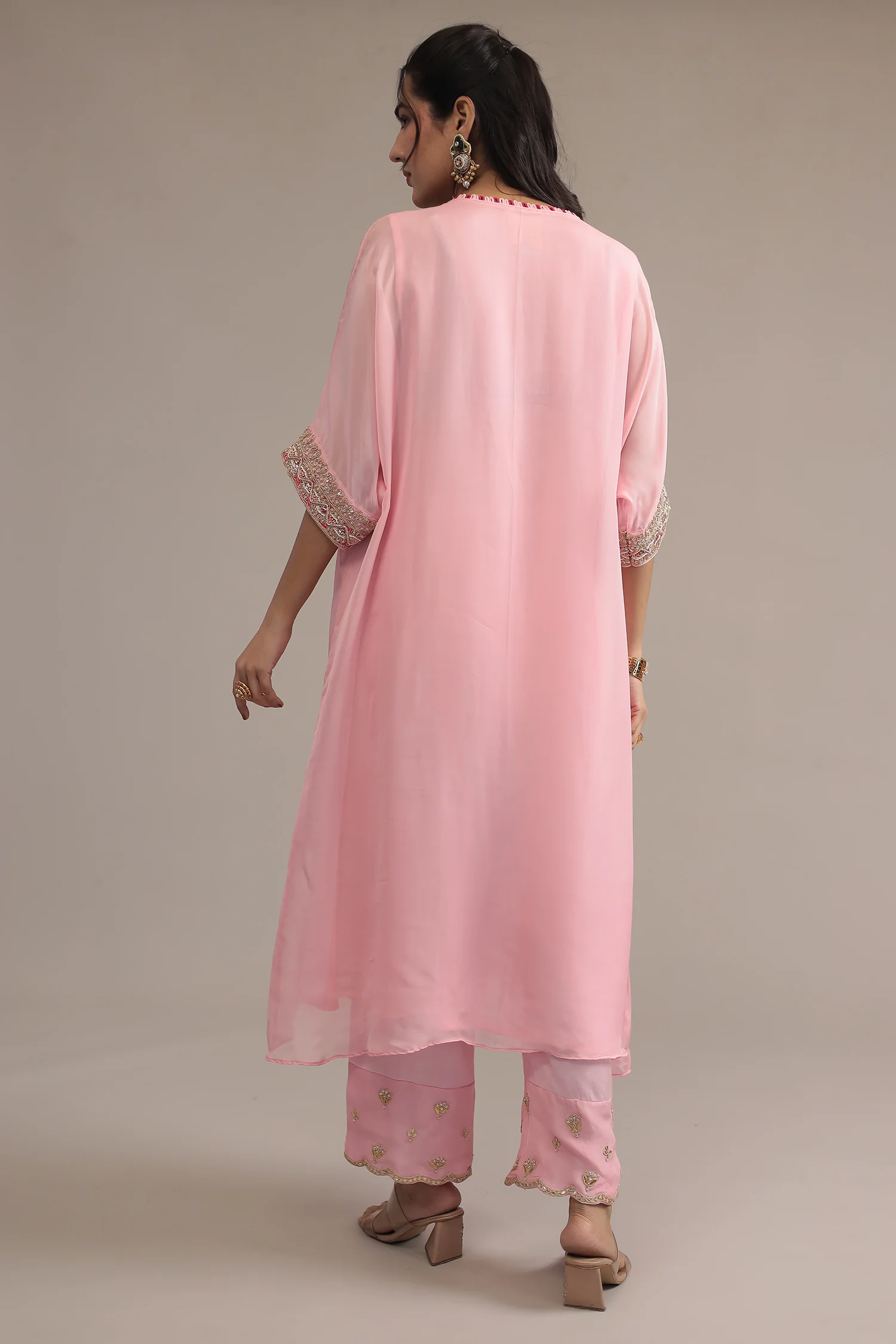 Light Pink Organza Kaftan with Dori, Gota Patti, Thread and Zardozi work - Image 7