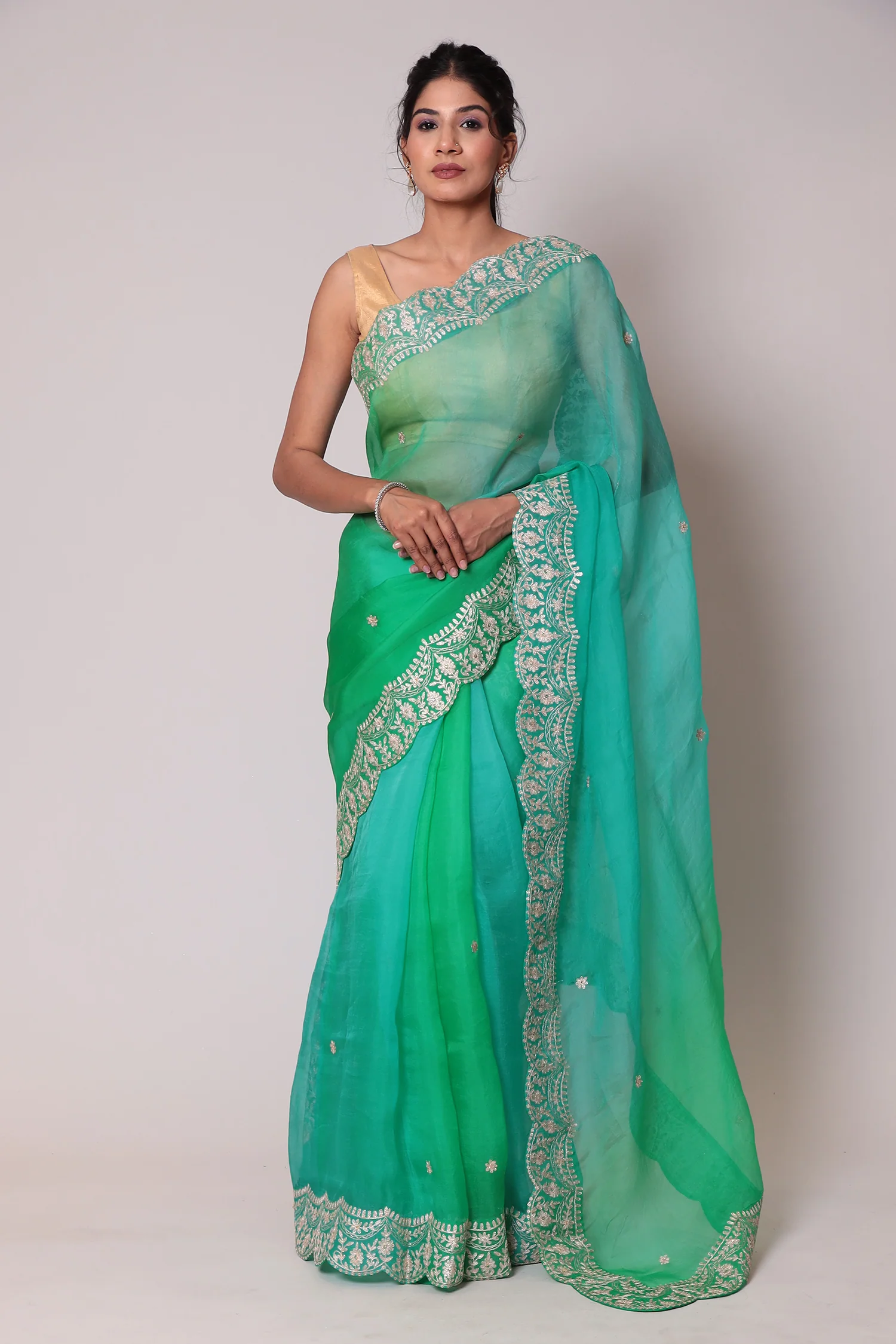 Shaded Organza Saree Embroidered with Aari work - Image 7