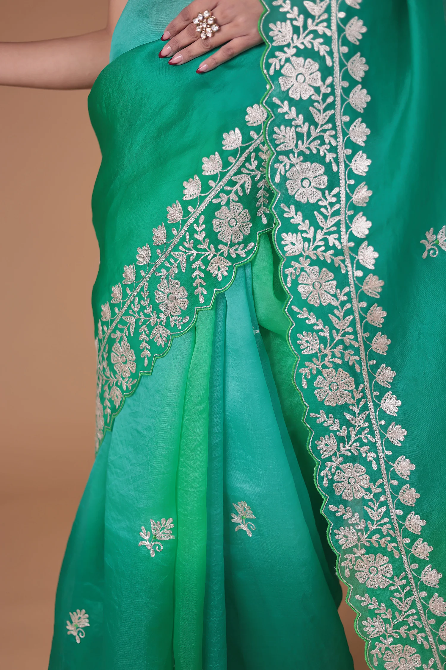 Organza Saree Embroidered with Pittan work - Image 4