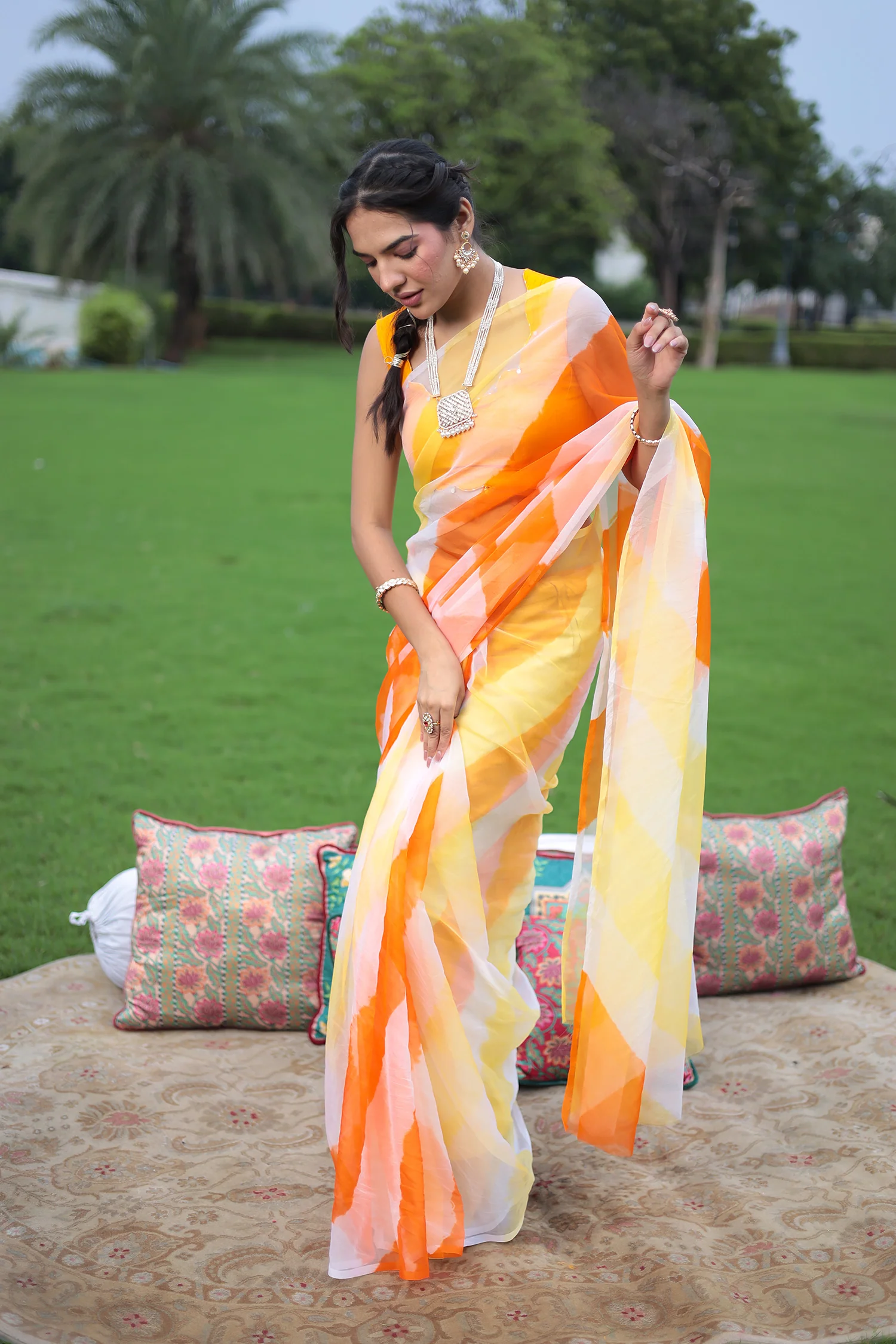 Orange Leheriya Organza Saree - Image 5