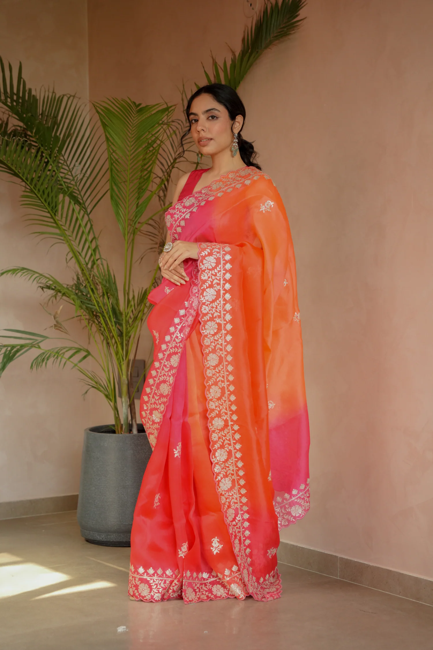 Organza Saree Embroidered with Pittan work - Image 3