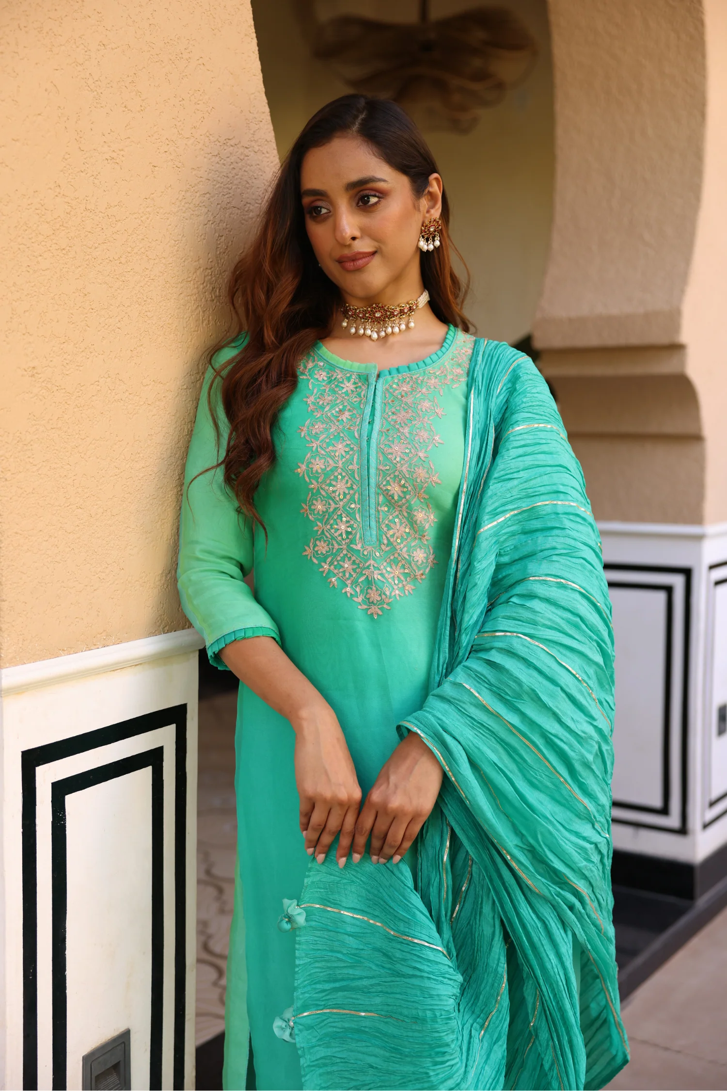 Organza Suit Set with Aari work. - Image 2