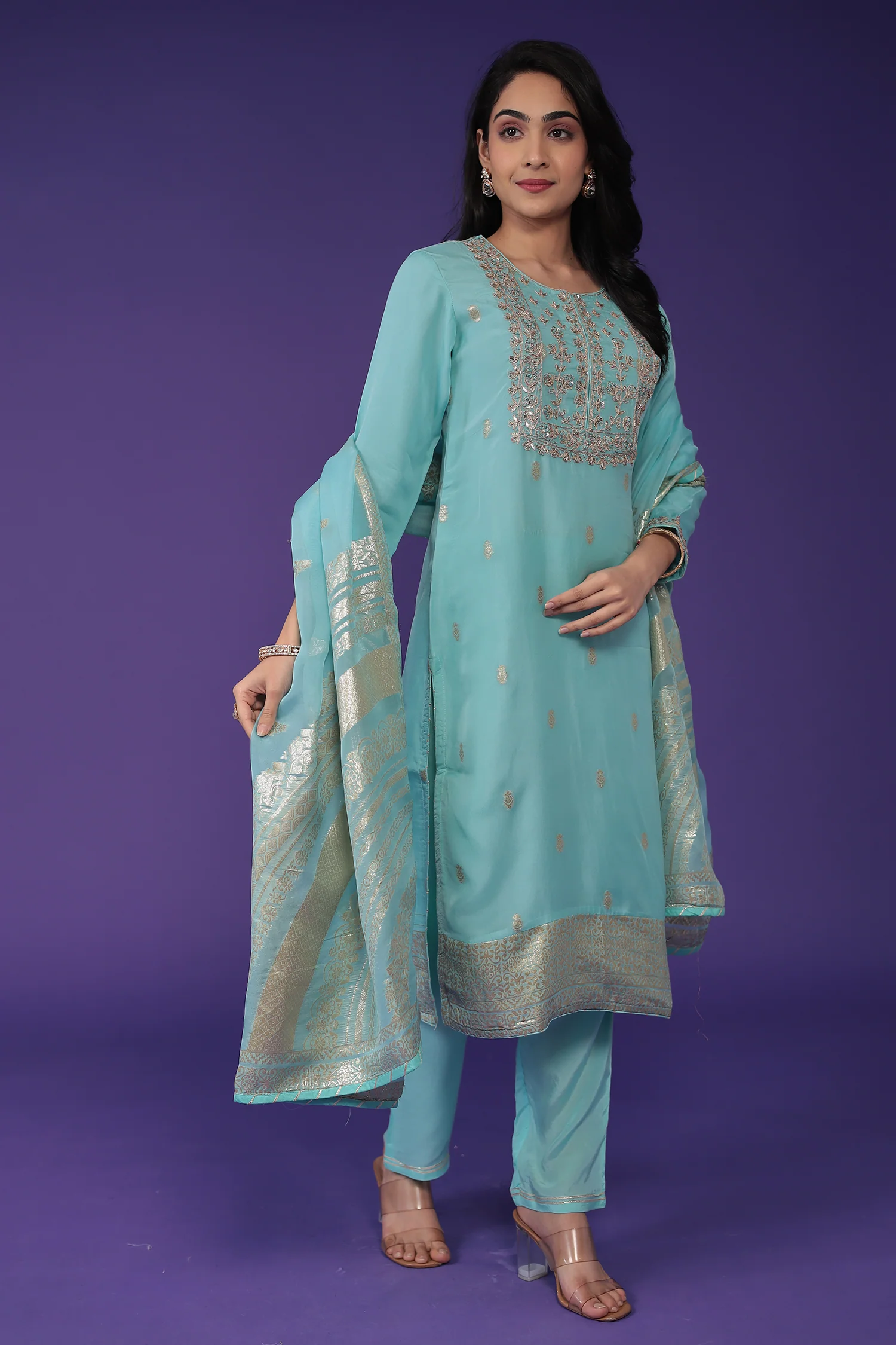 Handloom Organza Suit with Dori and Gota Patti work - Image 8
