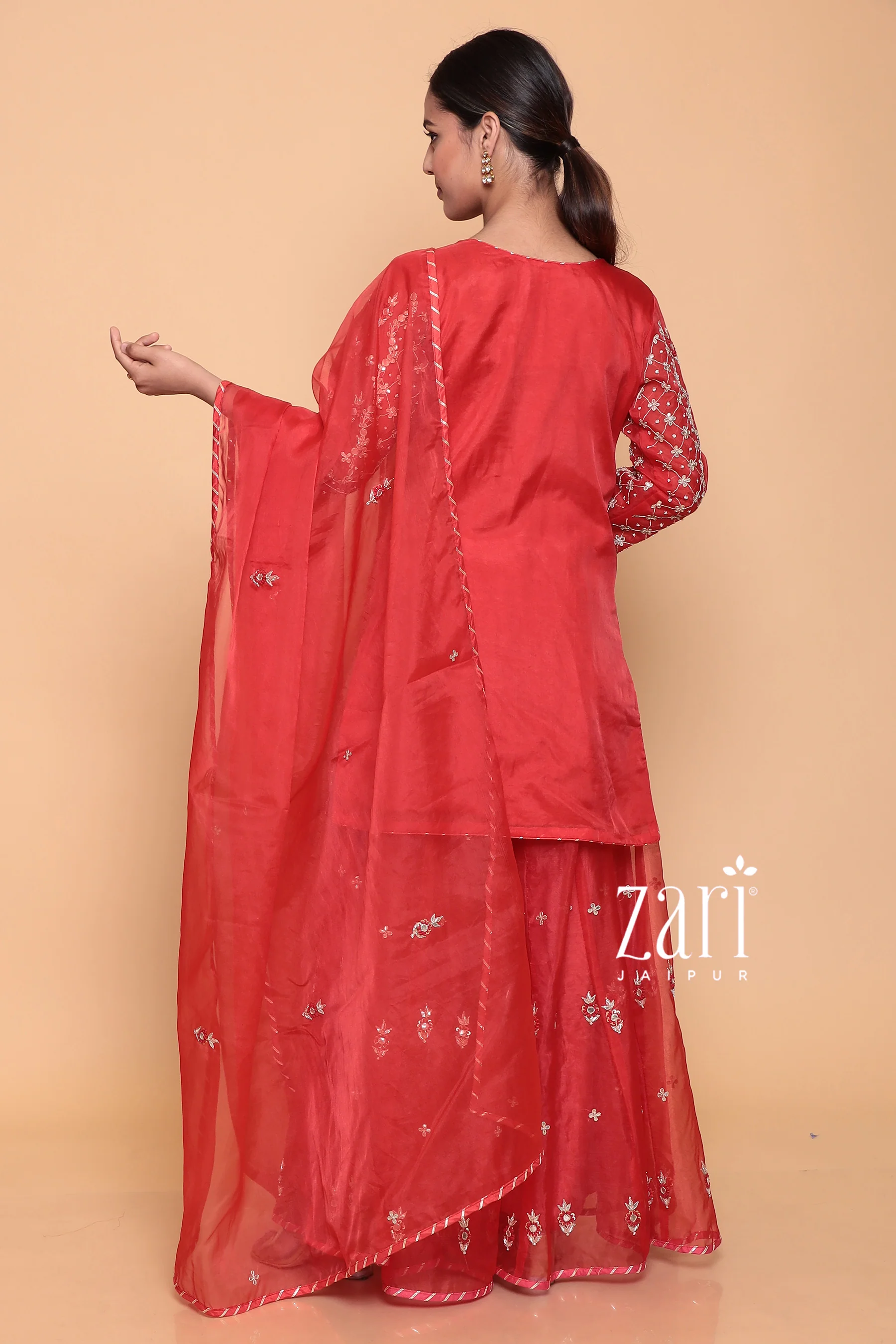 Organza Suit with Dori, Gota, Gota Patti, Sequins, Thread, Zardozi work. - Image 3