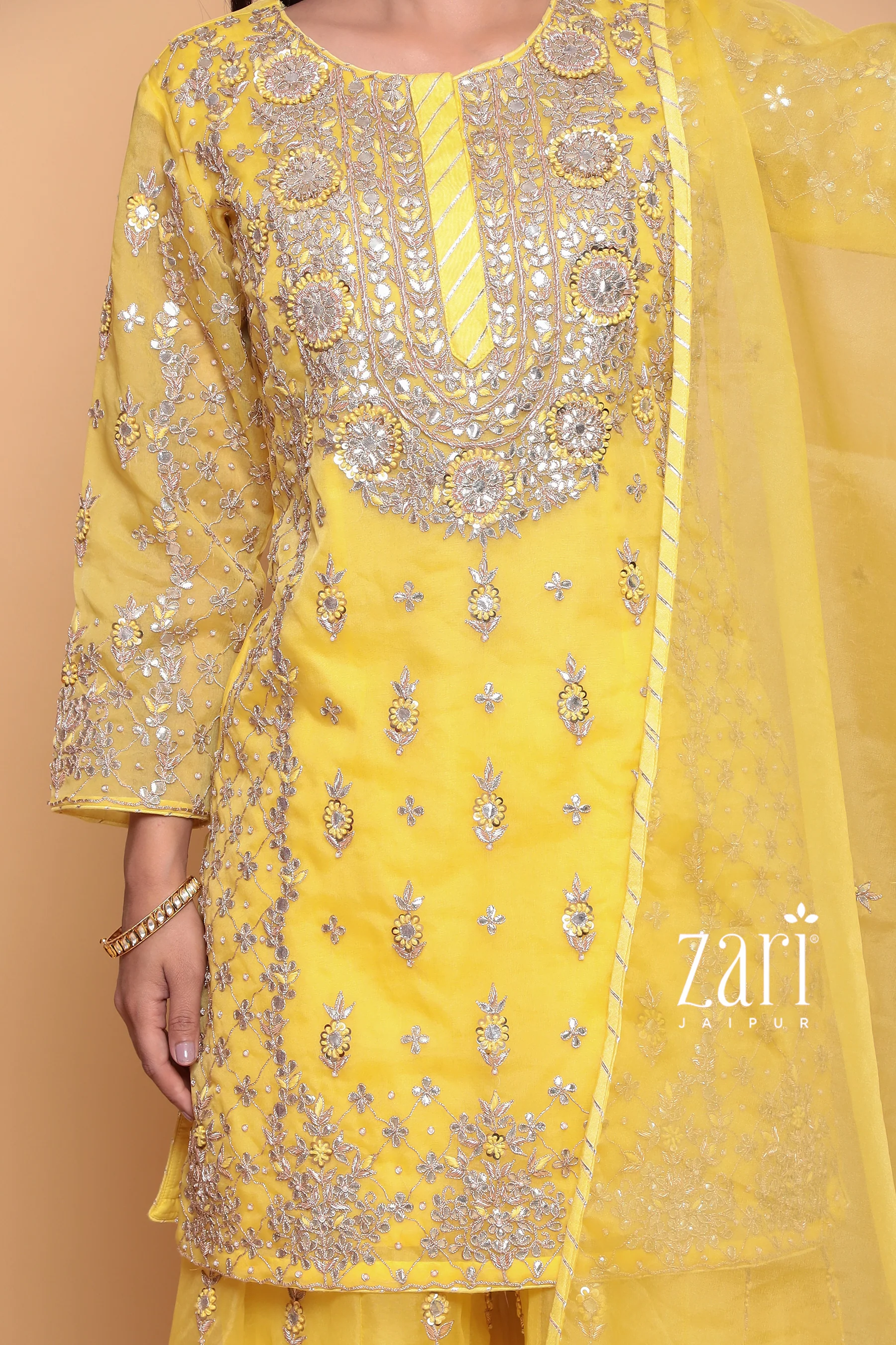 Organza Suit with Dori, Gota, Gota Patti, Sequins, Thread, Zardozi work. - Image 5