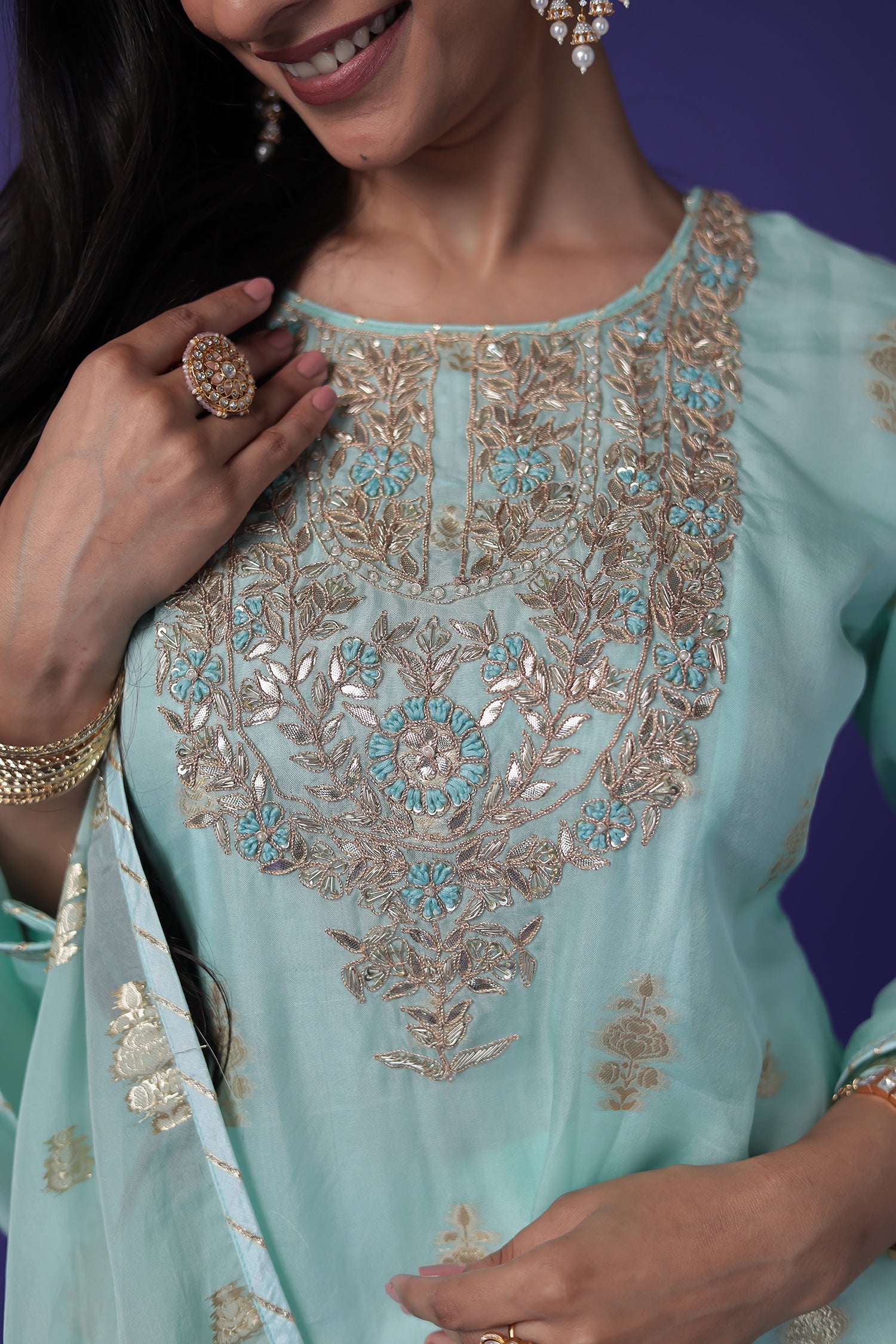 Soft organza Handloom Suit with Gota Patti, Thread and Zardozi work - Image 11
