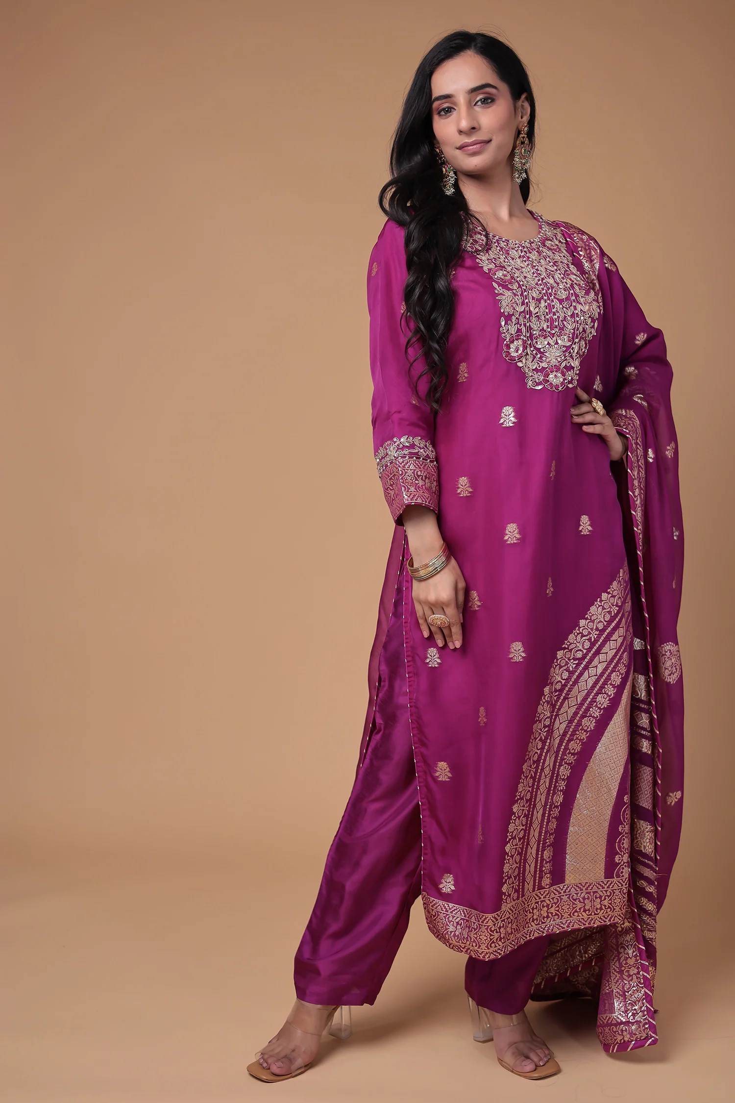 Handloom Organza Suit with Gota Patti,Thread and Zardozi, Handloom work - Image 3