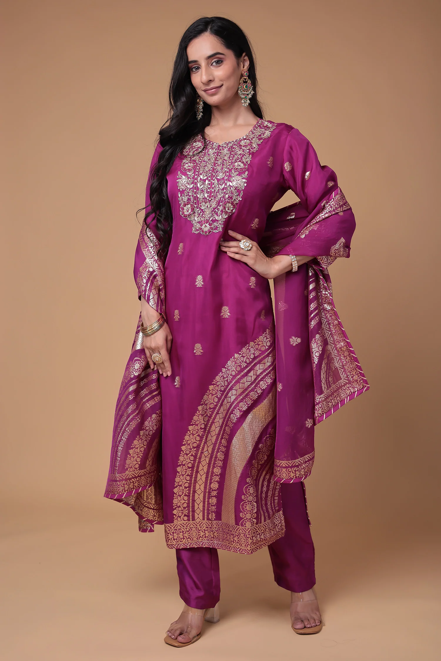 Handloom Organza Suit with Gota Patti,Thread and Zardozi, Handloom work - Image 5